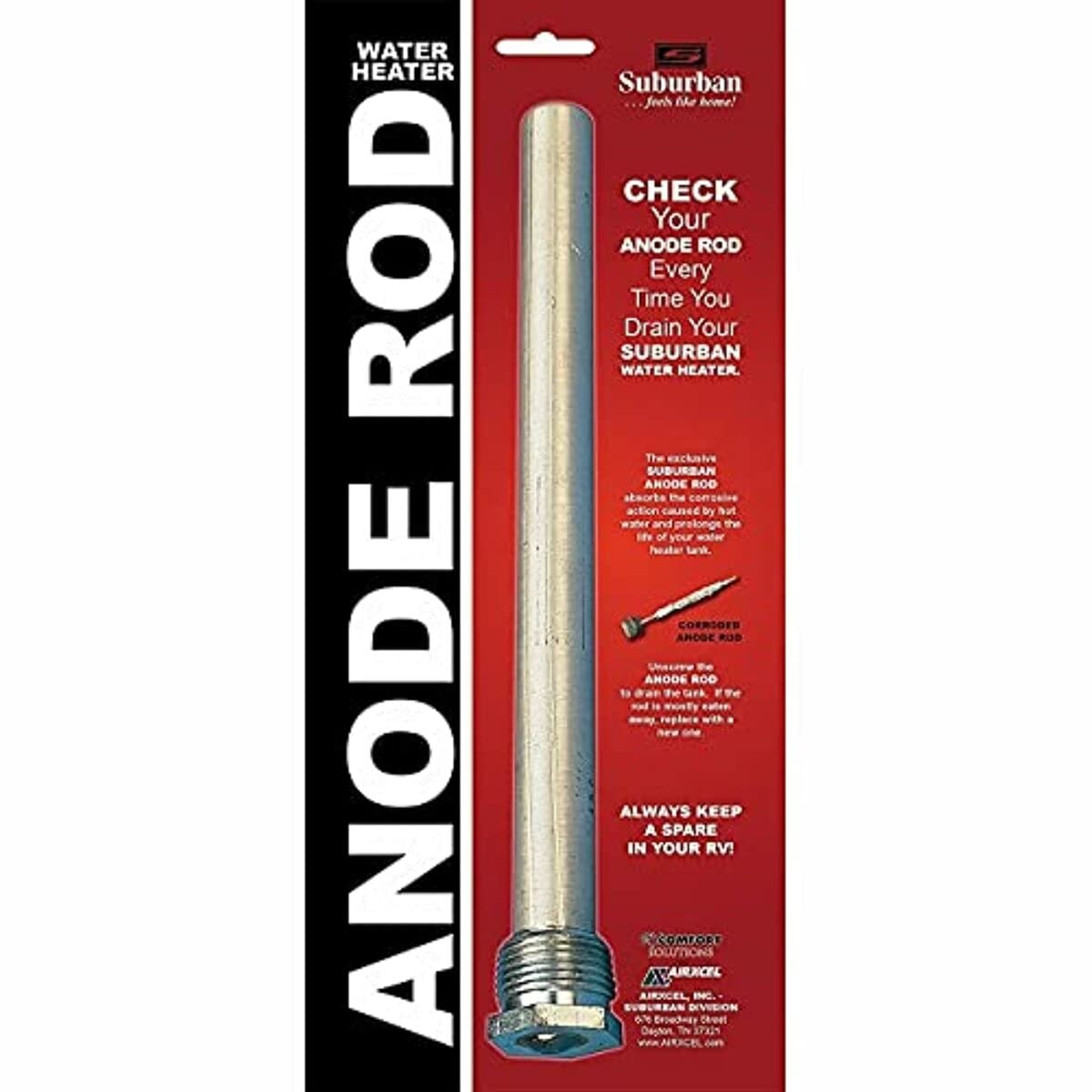 Aluminum Anode Rod SUBURBAN MFG for Water Heaters, Extends the Life of Your Hot Water Tank, Easy Install (233516)