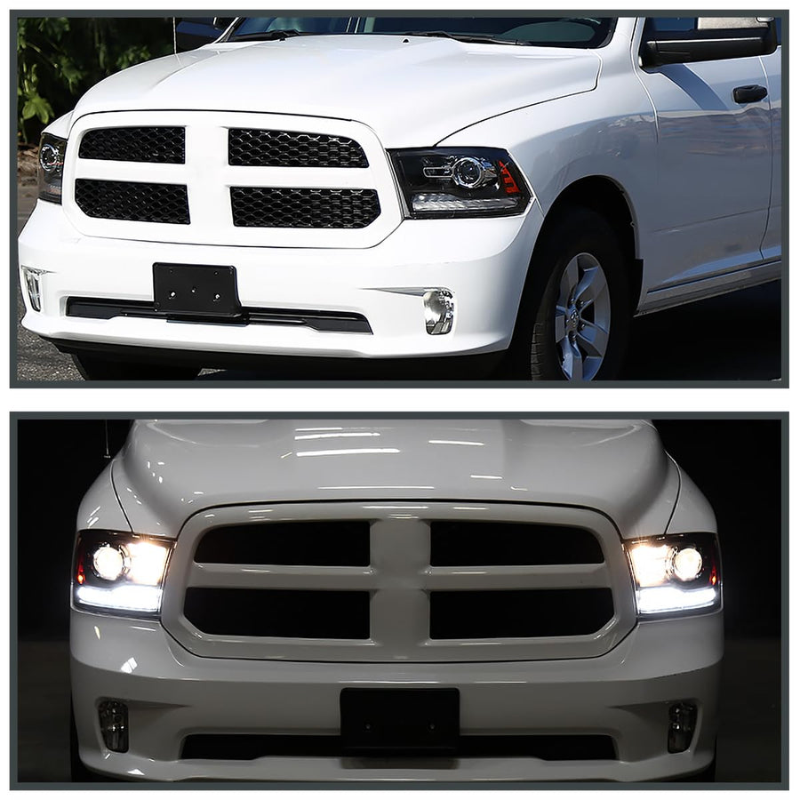 Black SPEC-D TUNING Projector Headlights + Sequential Switchback LED Signal Strip Compatible with 2009-18 Dodge RAM 1500/2500/3500, 2019-24 Dodge RAM 1500 Left + Right Pair Headlamps Assembly