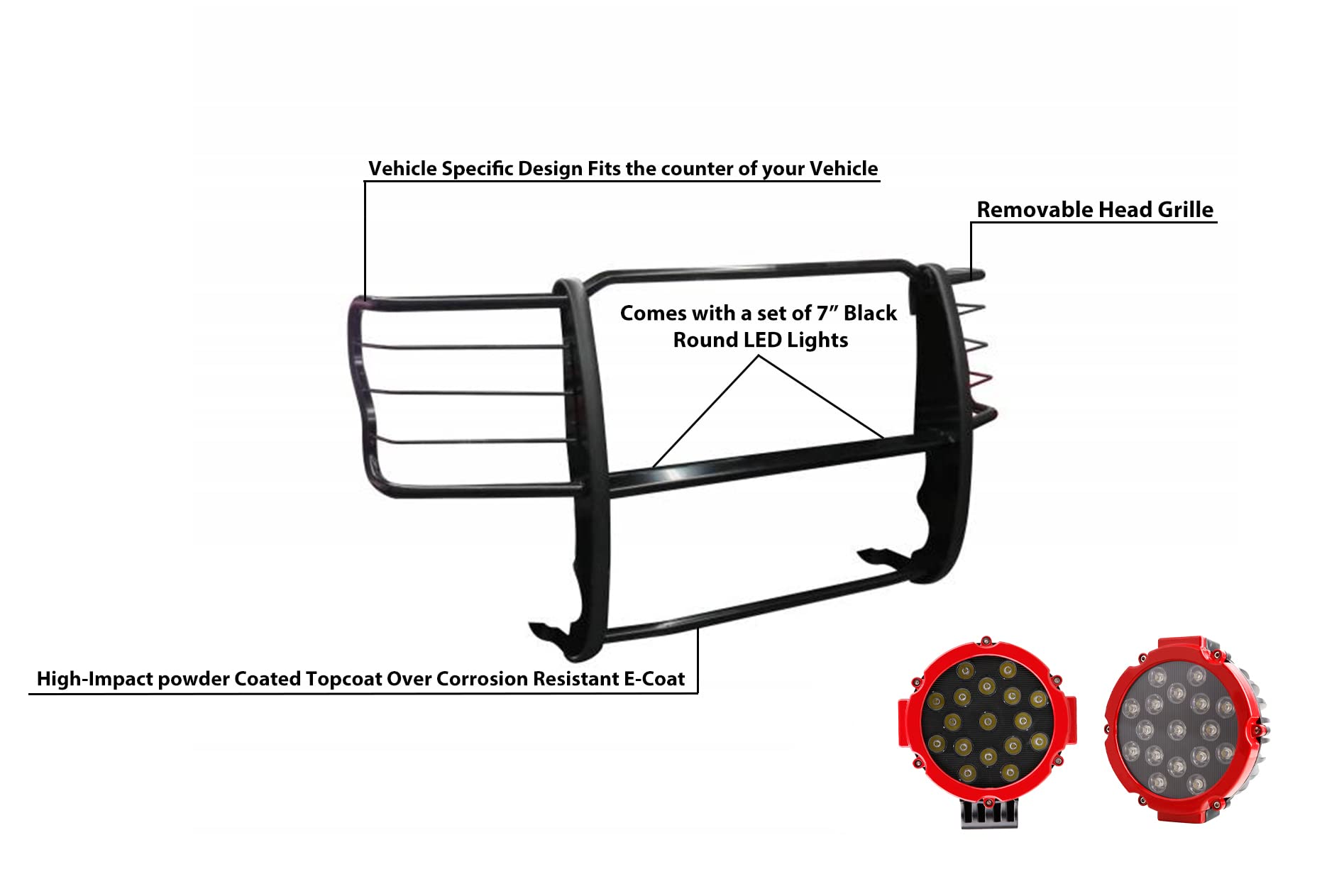 Bumper Guard Modular Black Black Horse Grille brush Come With pair of 7.0"LED Lights with Red Trim Rings Compatible with 2017-2023 Ford F-250/Ford F-350 /Ford F-450/Ford F-550 Super Duty-17FB28MA-PLR
