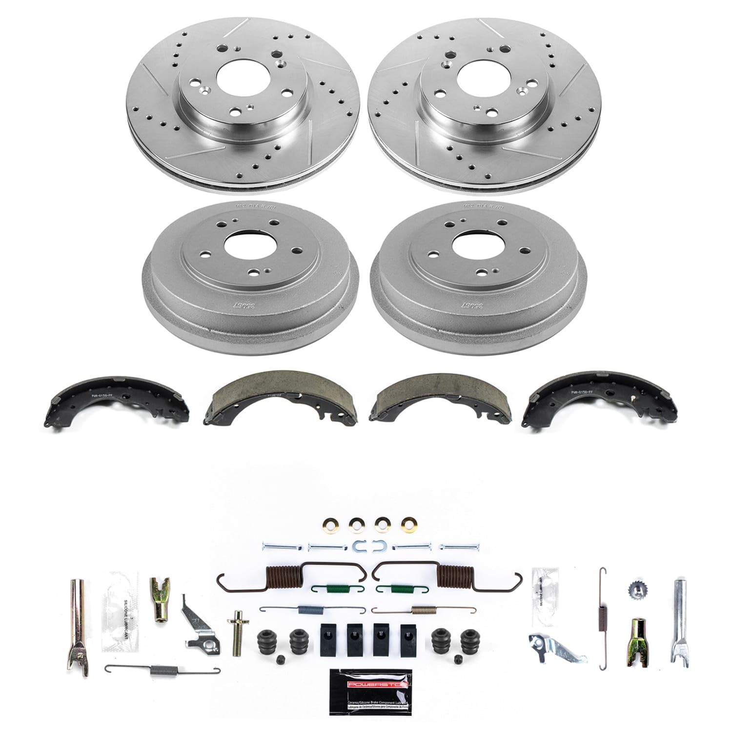 Power Stop K15541DK-26 Z26 Front and Rear Carbon-Fiber Ceramic Brake Pads and Brake Rotors with Drums and Shoe Brake Kit For Honda Fit 2013-2014 [Application Specific]