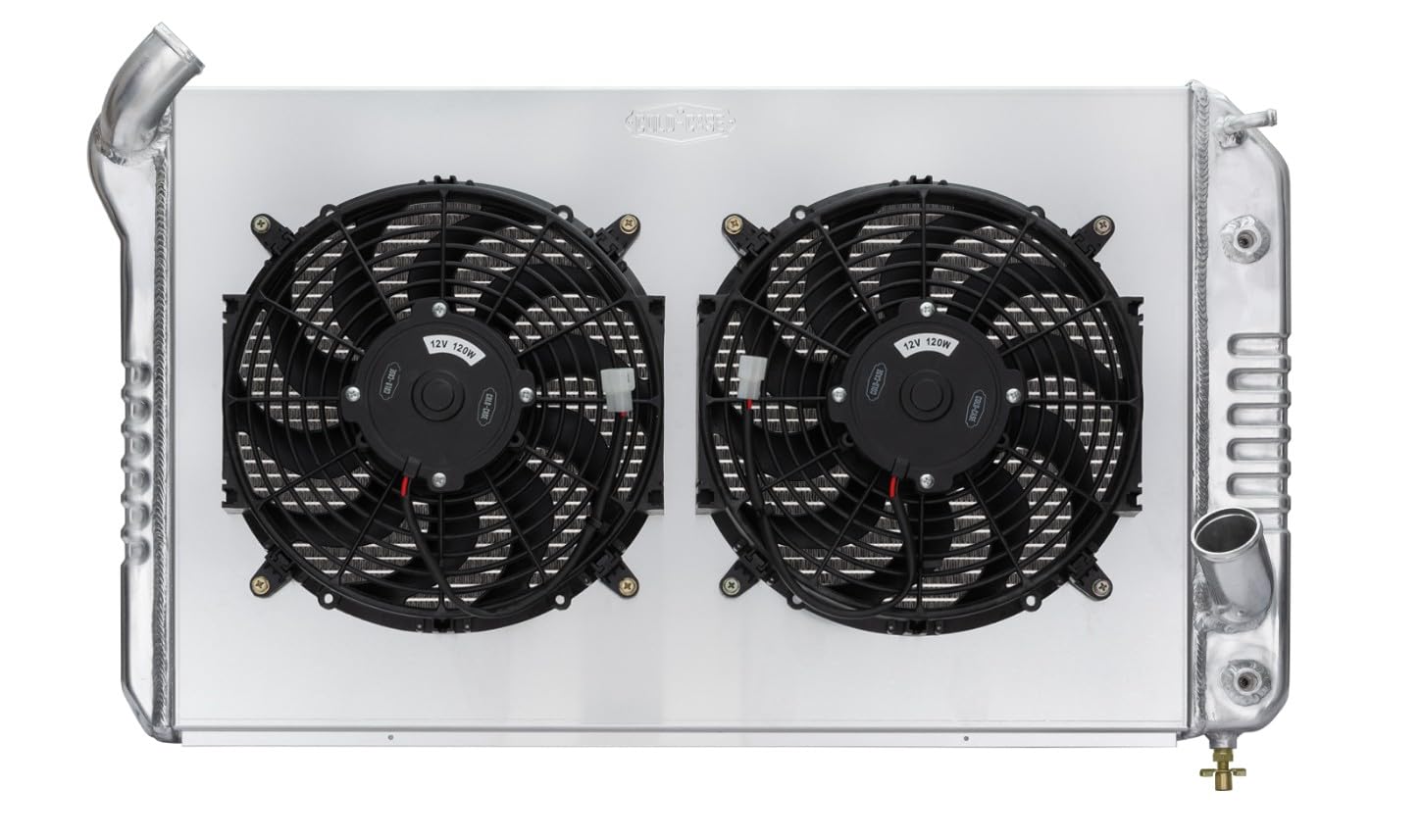 Radiator and Fan Cold Case Radiators, 31.75 in W x 19.5 in H x 6.75 in D, Dual Fans, Driver Side Inlet, Passenger Side Outlet, Aluminum, Polished, compatible with Chevy Corvette 1969-72, Kit