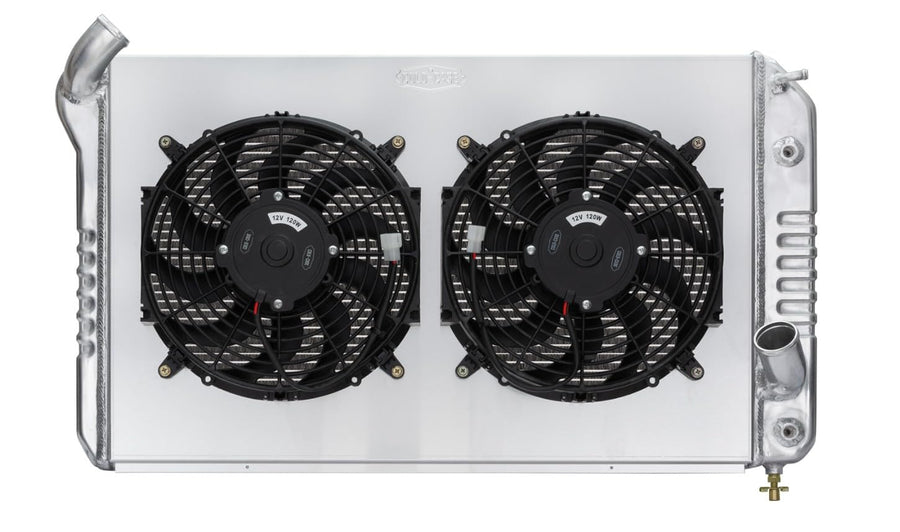 Radiator and Fan Cold Case Radiators, 31.75 in W x 19.5 in H x 6.75 in D, Dual Fans, Driver Side Inlet, Passenger Side Outlet, Aluminum, Polished, compatible with Chevy Corvette 1969-72, Kit
