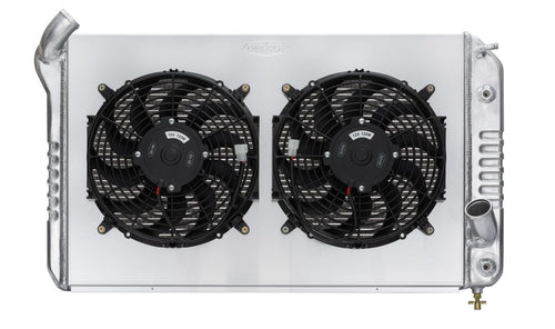 Radiator and Fan Cold Case Radiators, 31.75 in W x 19.5 in H x 6.75 in D, Dual Fans, Driver Side Inlet, Passenger Side Outlet, Aluminum, Polished, compatible with Chevy Corvette 1969-72, Kit