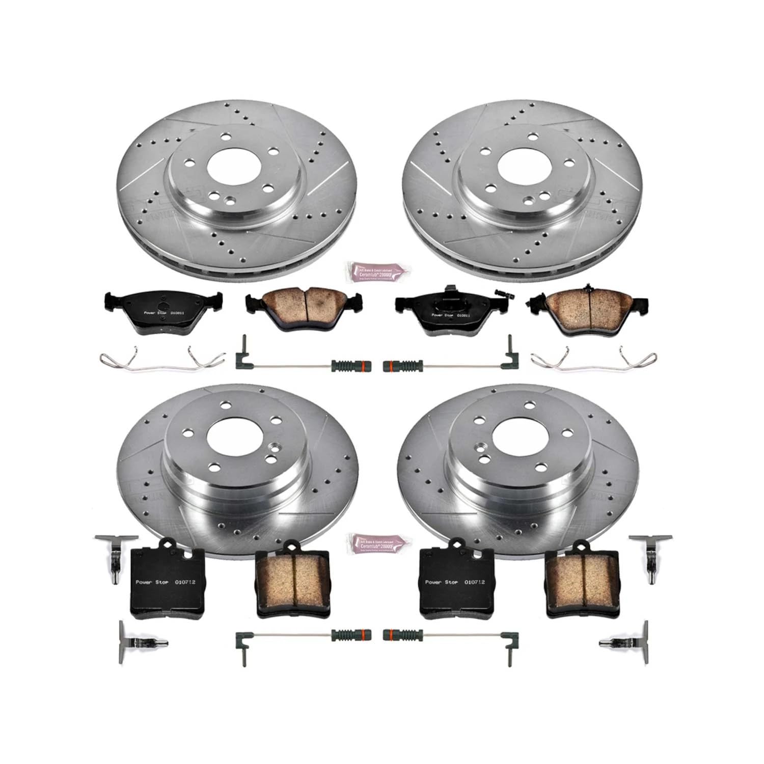 Power Stop K2786 Z23 Carbon Fiber Brake Pads Front and Rear with Drilled & Slotted Brake Rotors Kit and 2 Front & 2 Rear Sensor Wires For CLK320, E300, E320, E, E430 [Model Specific]