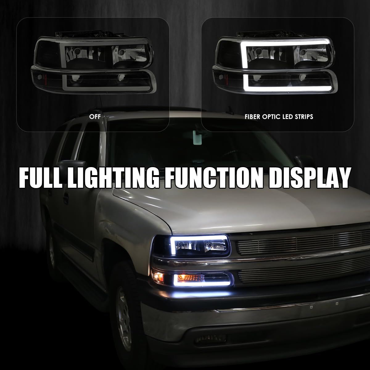 Black Smoke LED Bar Headlights + Bumper Lights SPEC-D TUNING Compatible with 1999-2002 Chevy Silverado 2000-2006 Tahoe Suburban, Left + Right Pair Headlamps Assembly