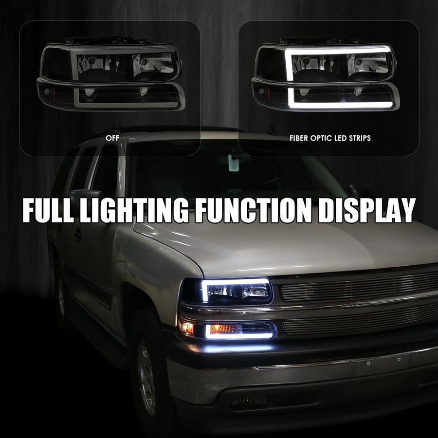 Black Smoke LED Bar Headlights + Bumper Lights SPEC-D TUNING Compatible with 1999-2002 Chevy Silverado 2000-2006 Tahoe Suburban, Left + Right Pair Headlamps Assembly