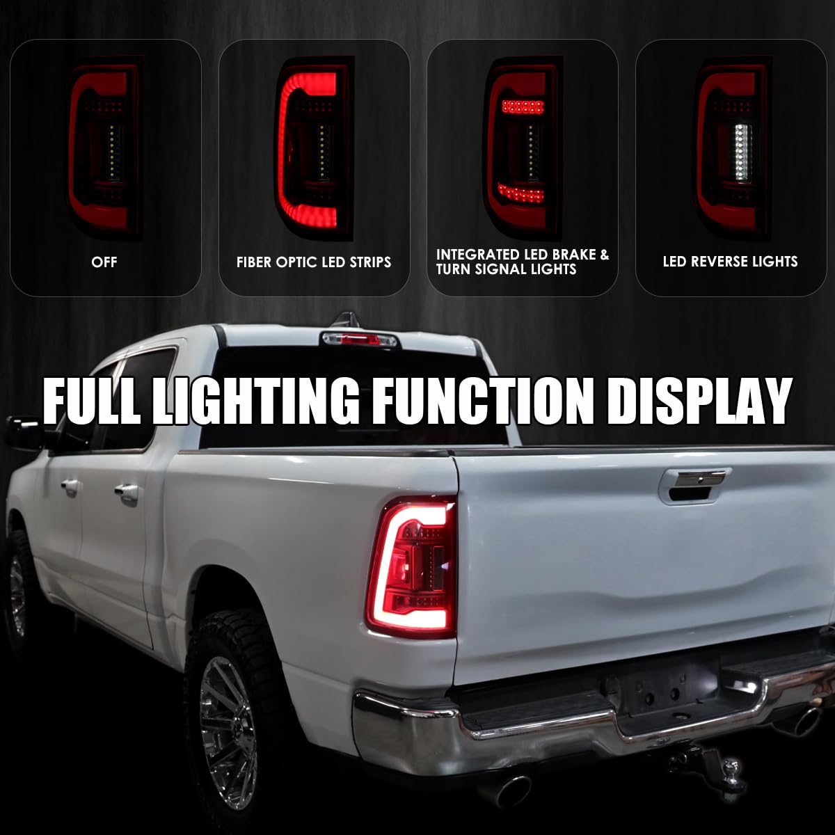 Black Red Smoke SPEC-D TUNING Full LED Tail Lights w/Red LED Light Bar Compatible with 2019-2023 Ram 1500, Left + Right Pair Assembly