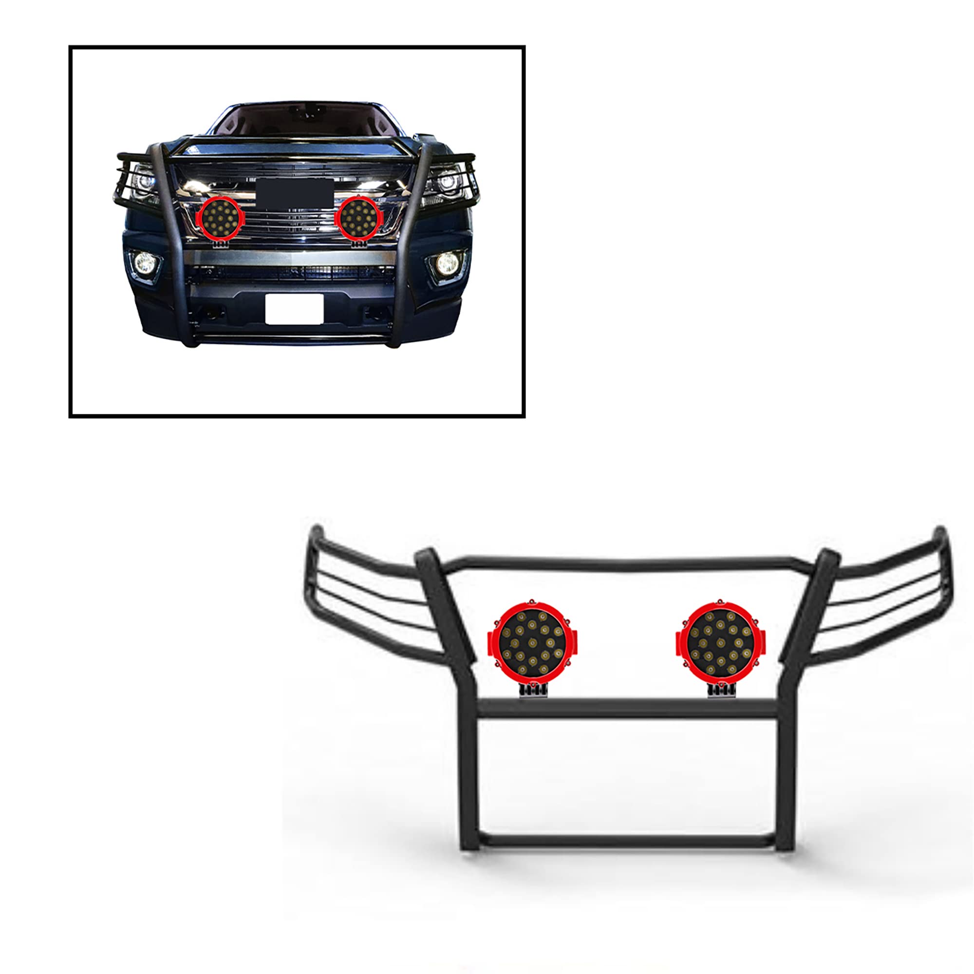 Bumper Guard Modular Black Black Horse Grille brush Come With pair of 7.0"Dia.LED Lights with Red Trim Rings Compatible with 2015-2022 Colorado/Canyon(Excludes ZR2 submodel)-17GC15MA-PLR