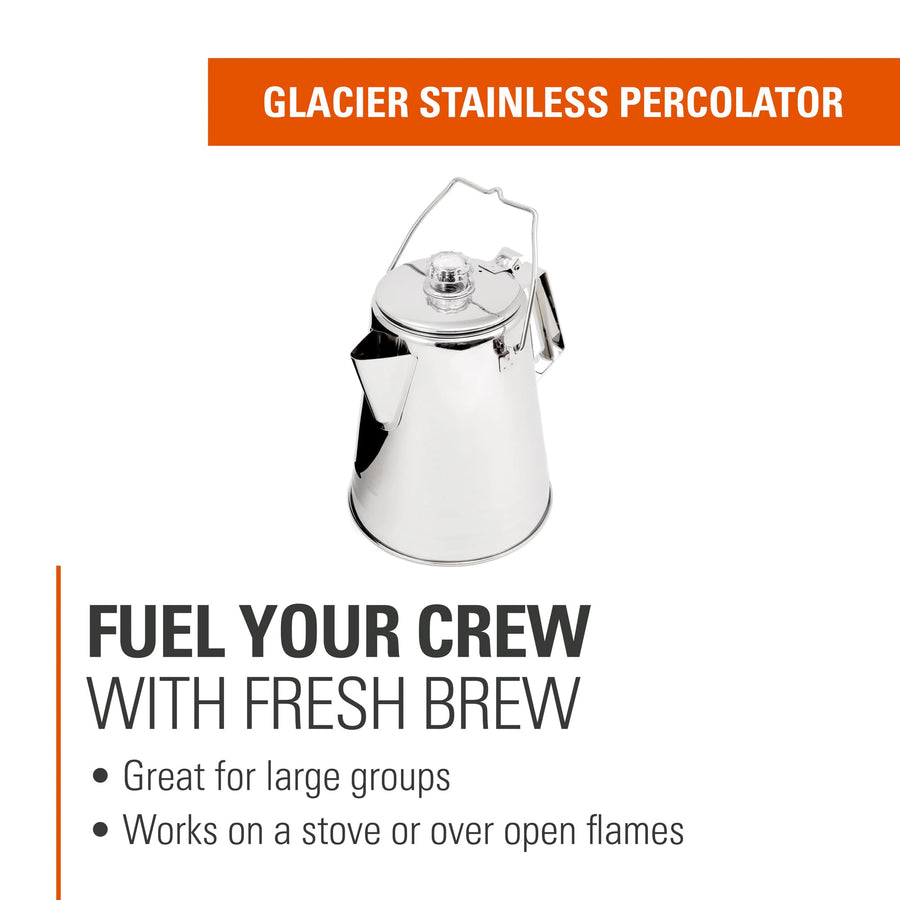 GSI Outdoors Coffee Pot Percolator I Glacier Stainless Steel Ultra-Rugged for Brewing Coffee Over Stove and Fire | Ideal for Group Camping, 8 Cup