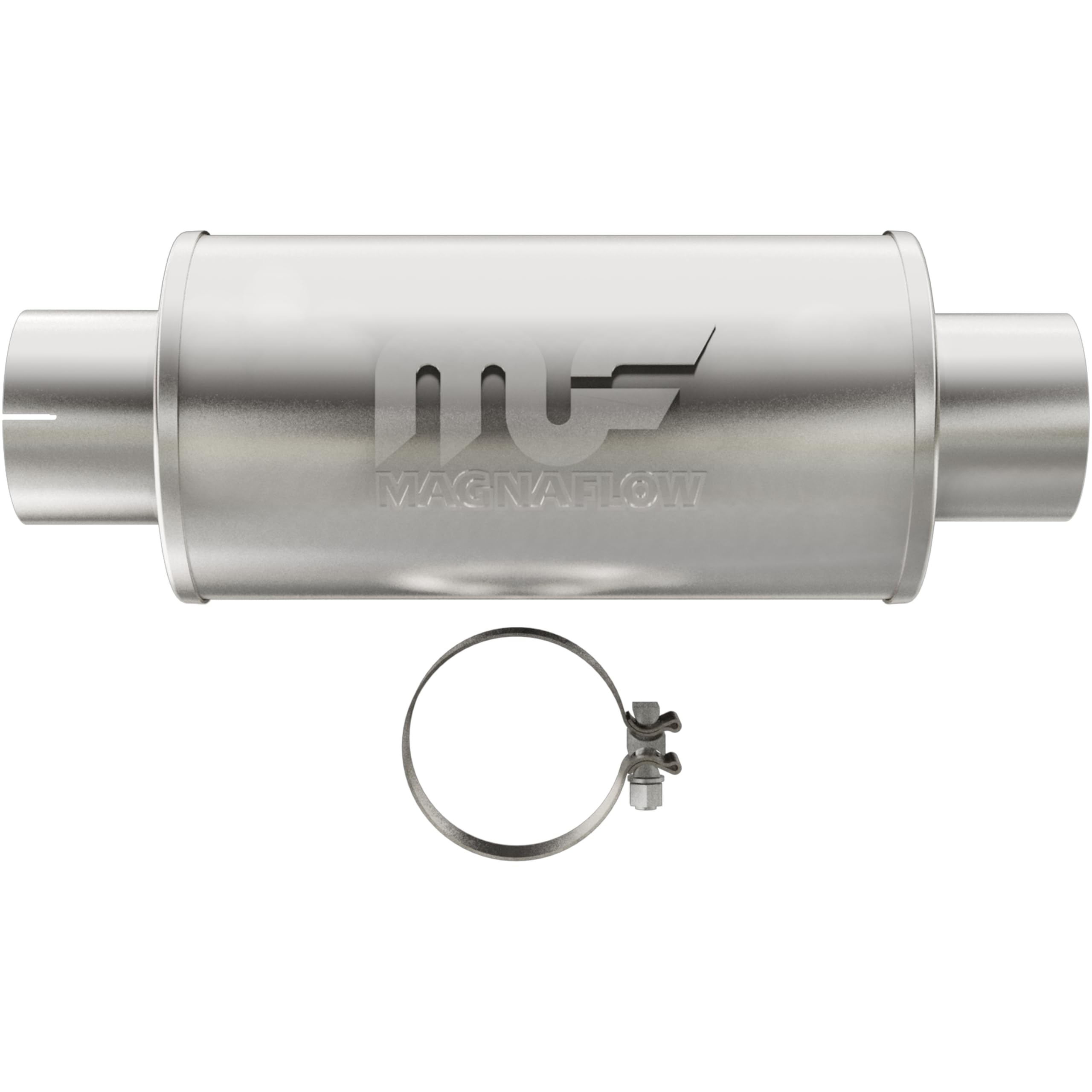 7in Round MagnaFlow Center/Center Performance Muffler Exhaust 12775 - Straight-Through, 4in Inlet/Outlet Diameter, 14in Body Length, 20in Overall Length, Satin Finish - Classic Deep Exhaust Sound