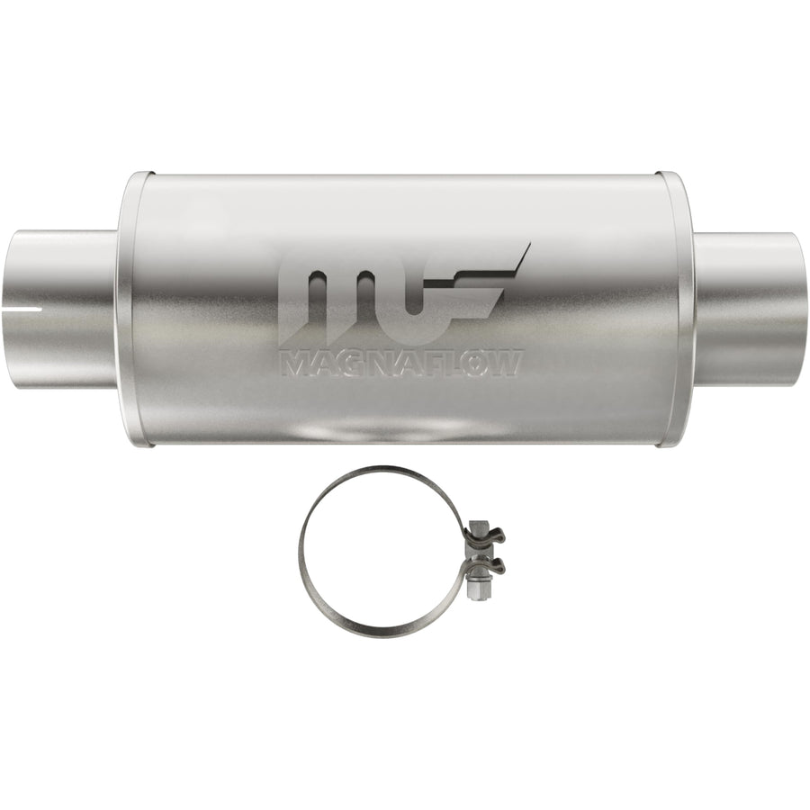 7in Round MagnaFlow Center/Center Performance Muffler Exhaust 12775 - Straight-Through, 4in Inlet/Outlet Diameter, 14in Body Length, 20in Overall Length, Satin Finish - Classic Deep Exhaust Sound