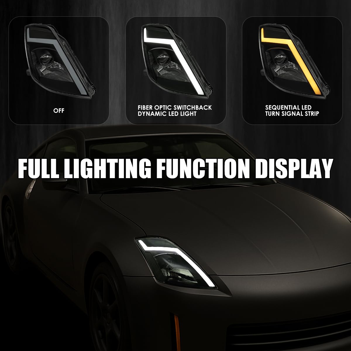 Black Smoke SPEC-D TUNING Sequential Switchback Projector Headlights w/LED Strip and Startup Animation Compatible with 2003-2005 Nissan 350Z, Left + Right Pair Headlamp Assembly