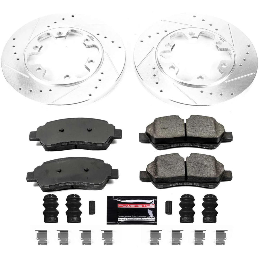 Power Stop K7149 Z23 Rear Carbon Fiber Brake Pads with Drilled & Slotted Brake Rotors Kit For Ford Transit-350 HD 2015-2019 [Model Specific]