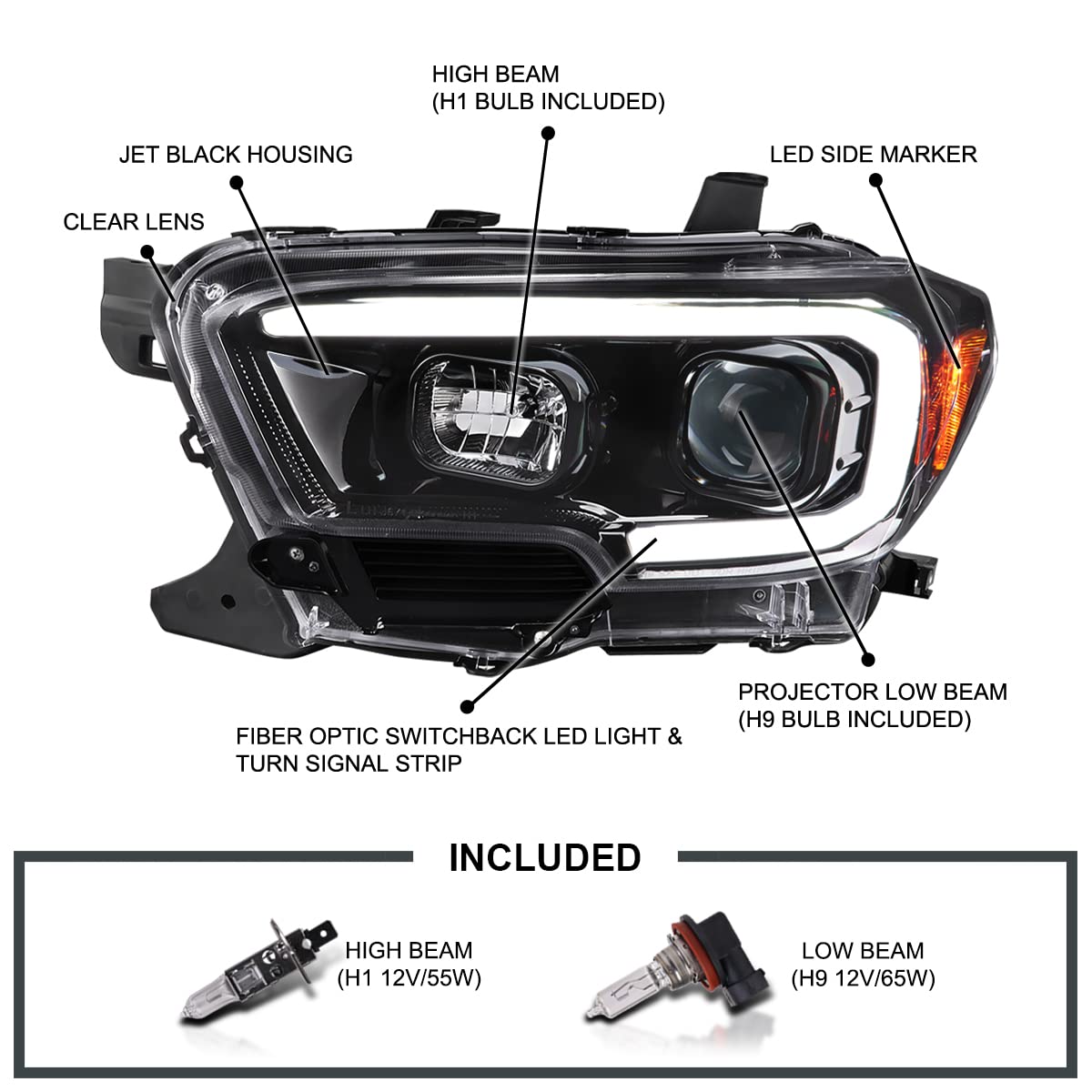 Jet Black SPEC-D TUNING Projector Headlights w/Switchback LED Tube Signal Compatible with 2016-2023 Toyota Tacoma, Left + Right Pair Headlamp Assembly