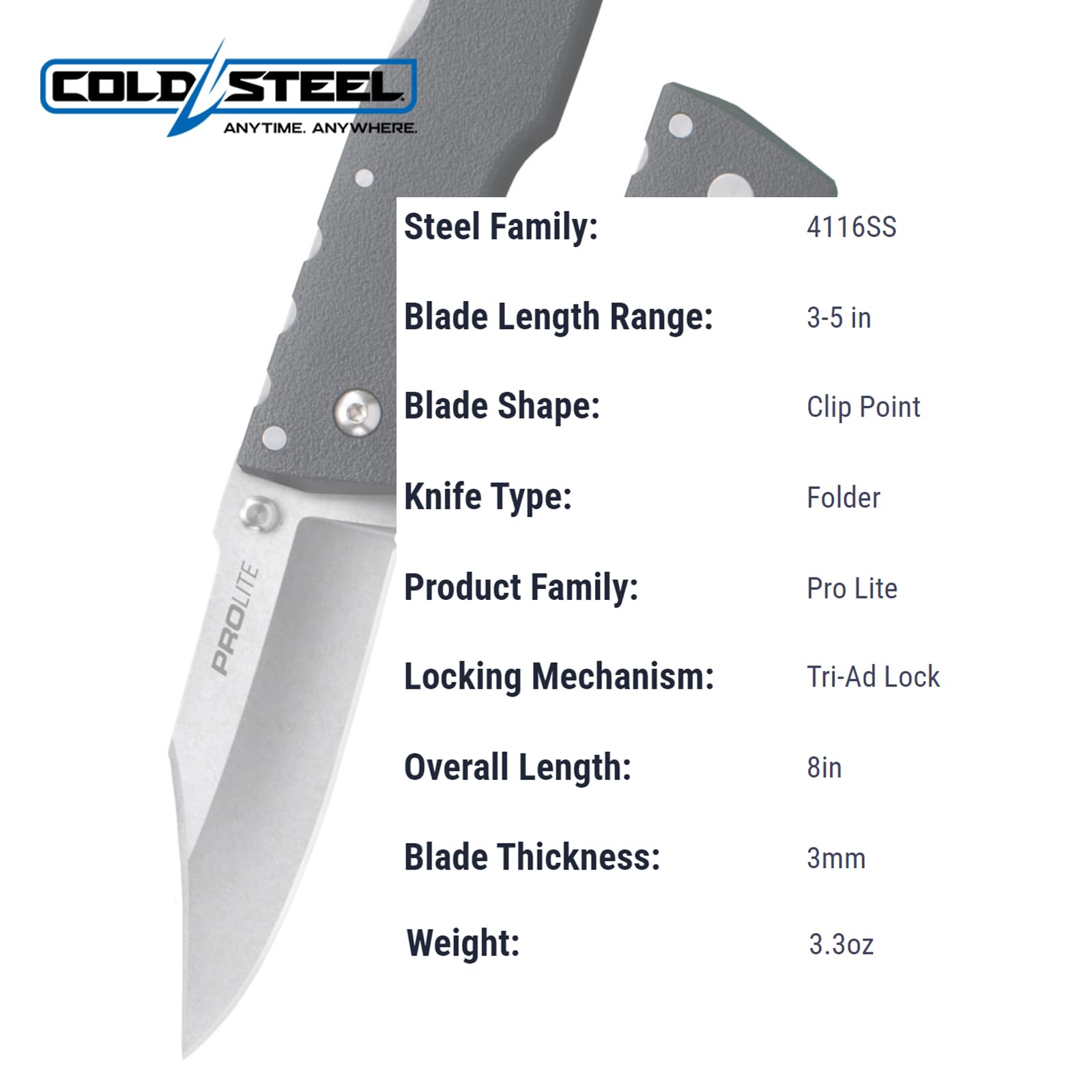 Cold Steel 3.5" Pro Lite Clip Point Razor-Sharp Blade 4.5" GFN Handle Everyday Carry Pocket Folding Knife w/Tri-Ad Lock