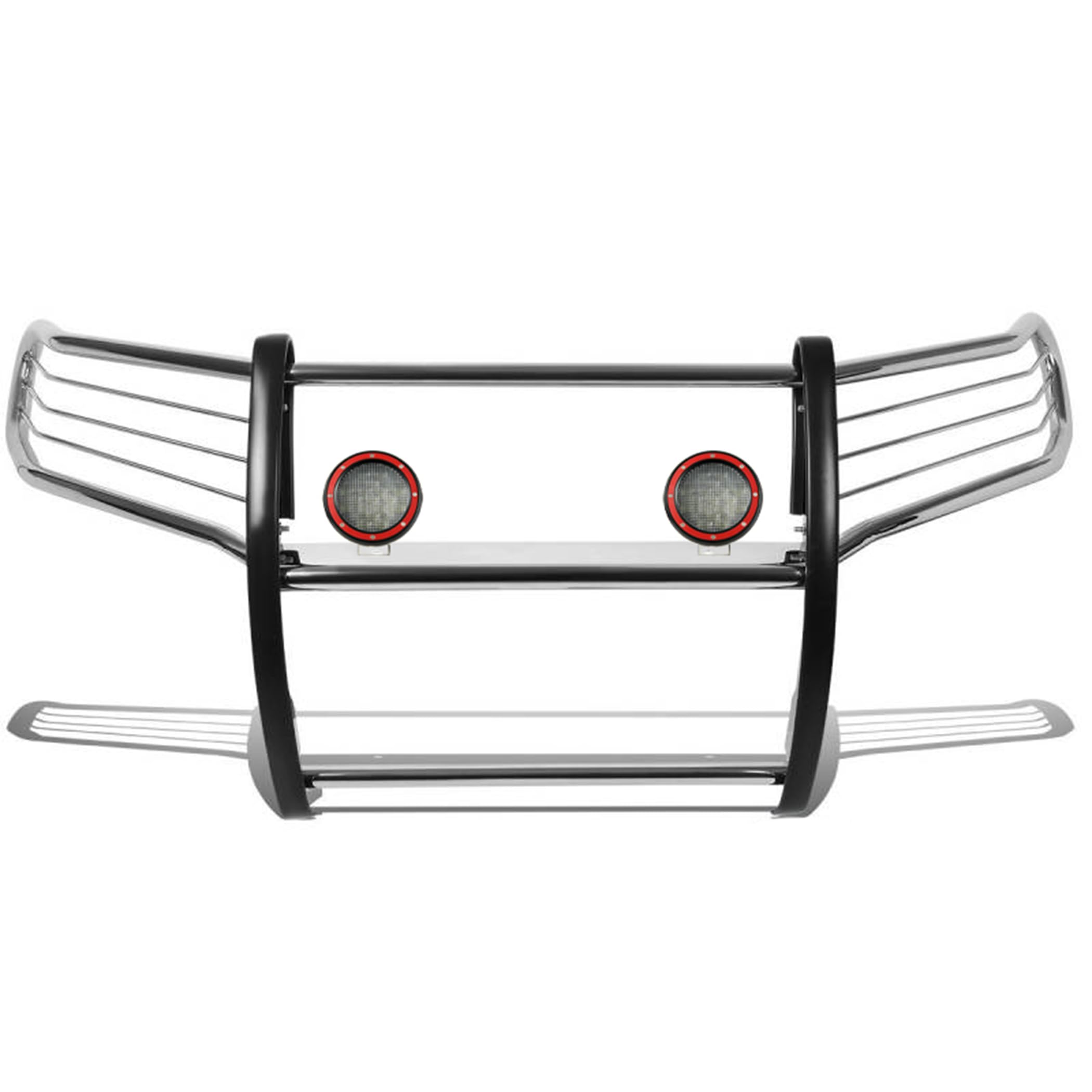 Grille Brush Black Horse Bumper Guard Modular Stainless Steel Come with Pair of 5.3" Dia.LED Lights with Red Trim Rings Compatible with 2011-2021 Jeep Grand Cherokee-17A080202MSS-PLFR