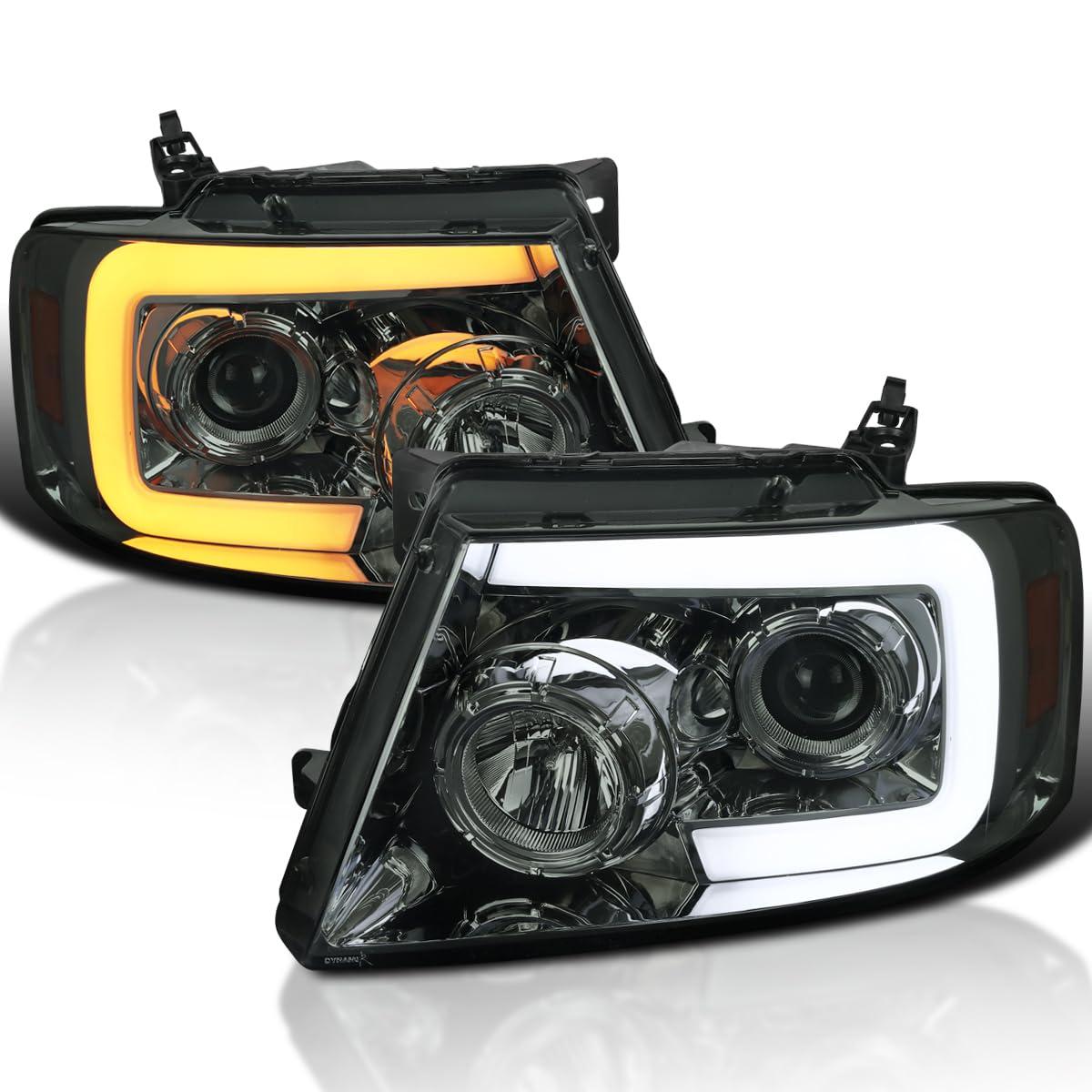 Smoke SPEC-D TUNING Projector Headlights w/Switchback Sequential Signal LED Tube Compatible with 2004-2008 Ford F150 2006-2008 Lincoln Mark LT, Left + Right Pair Headlamps Assembly