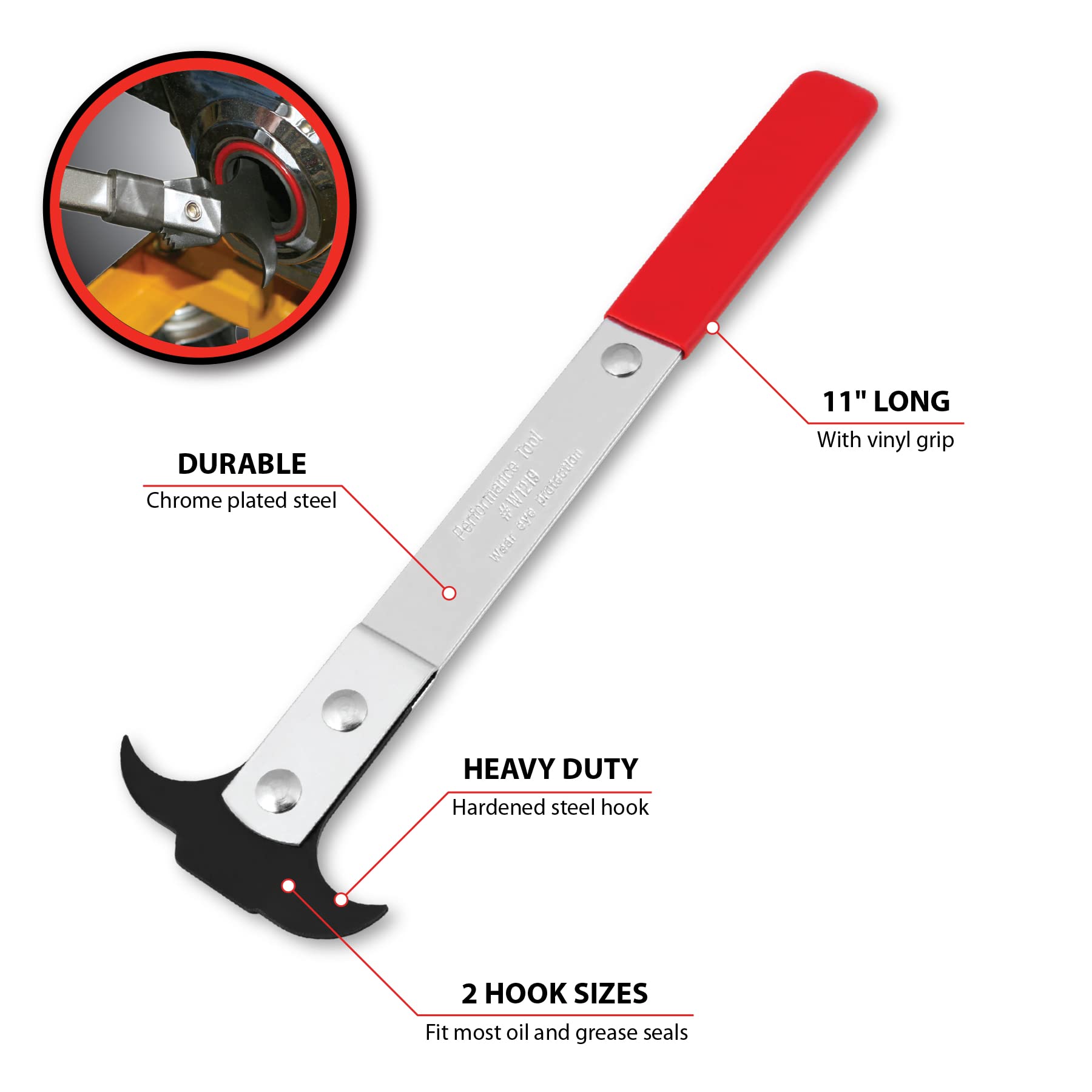 Seal Puller Performance Tool W1219 Professional, Heat Treated Steel, Dual Hook Tips for Oil and Grease Seals Removal