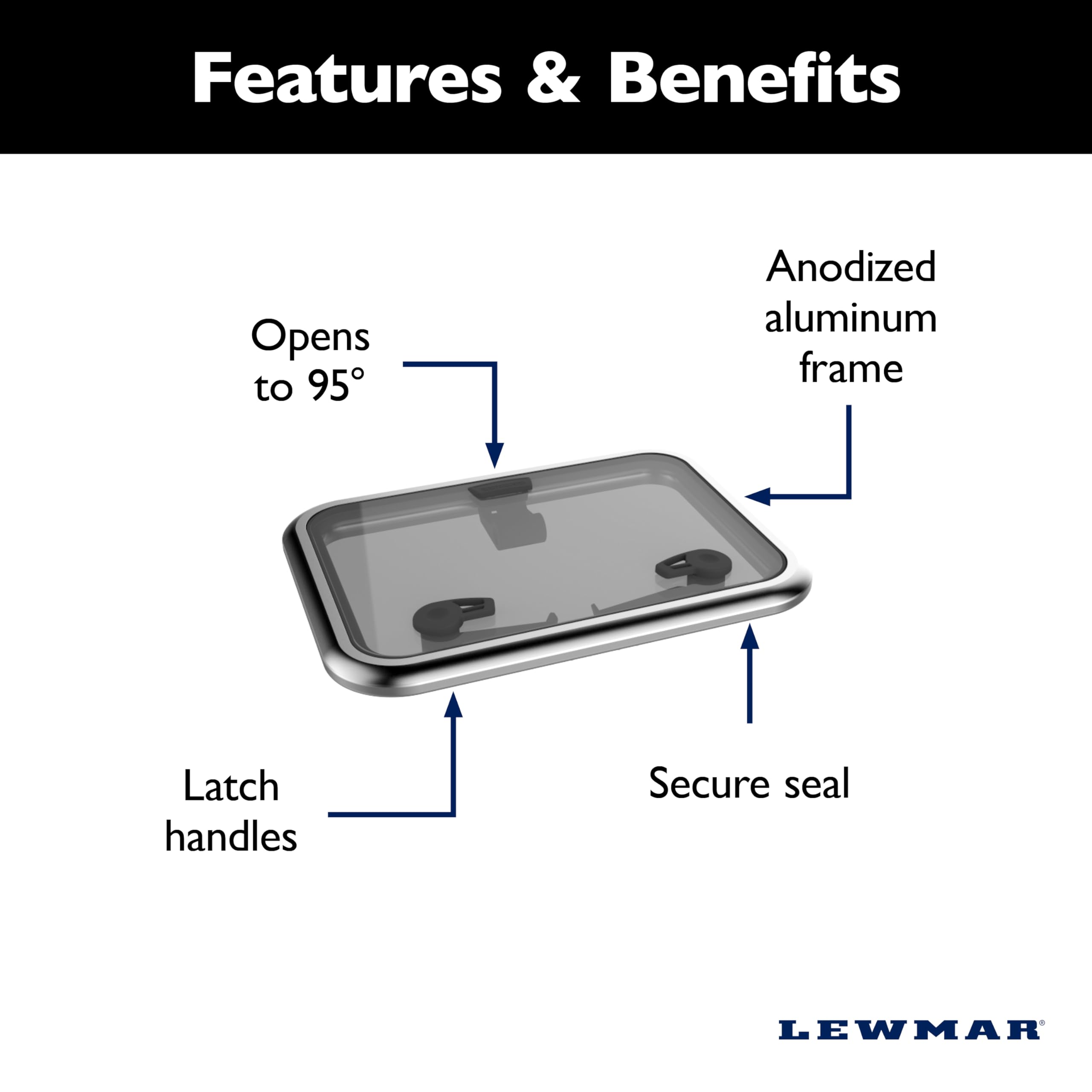 Lewmar Replacement Medium Profile Boat Hatch Flange Base - Size 60, Corrosion-Resistant Anodized Aluminum Frame, Lockable Handles, Friction Levers Open in All Positions Up to 95 Degrees