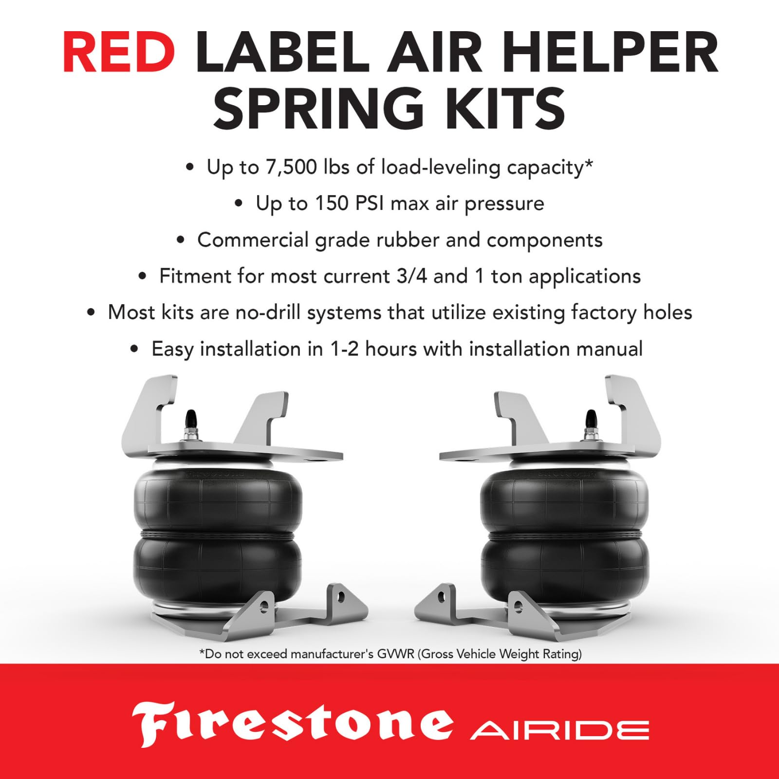 Firestone 2709 Airide Red Label Rear Springs Kit fits 2011-2025 Silverado Sierra 2500HD 3500HD | Load Capacity of 7,500 Pounds | 5-150 PSI | Easy Installation | No Drill Design