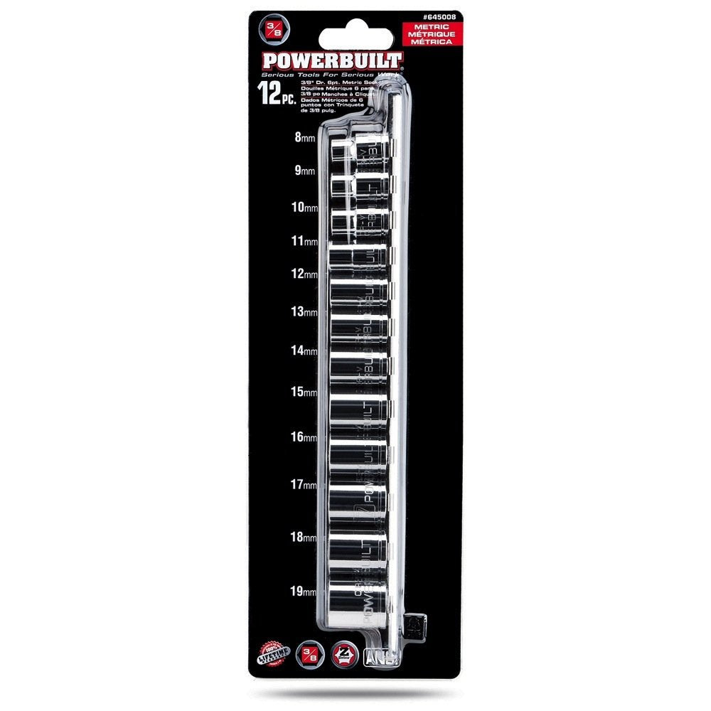 12 Pc. Powerbuilt 3/8 Inch Drive Metric Socket Set – 6 Point Shallow Sockets 8-19mm, Chrome Vanadium Steel with Mirror Finish, Easy-Read Markings, Z-Drive Grip, Includes Metal Socket Rail – 645008