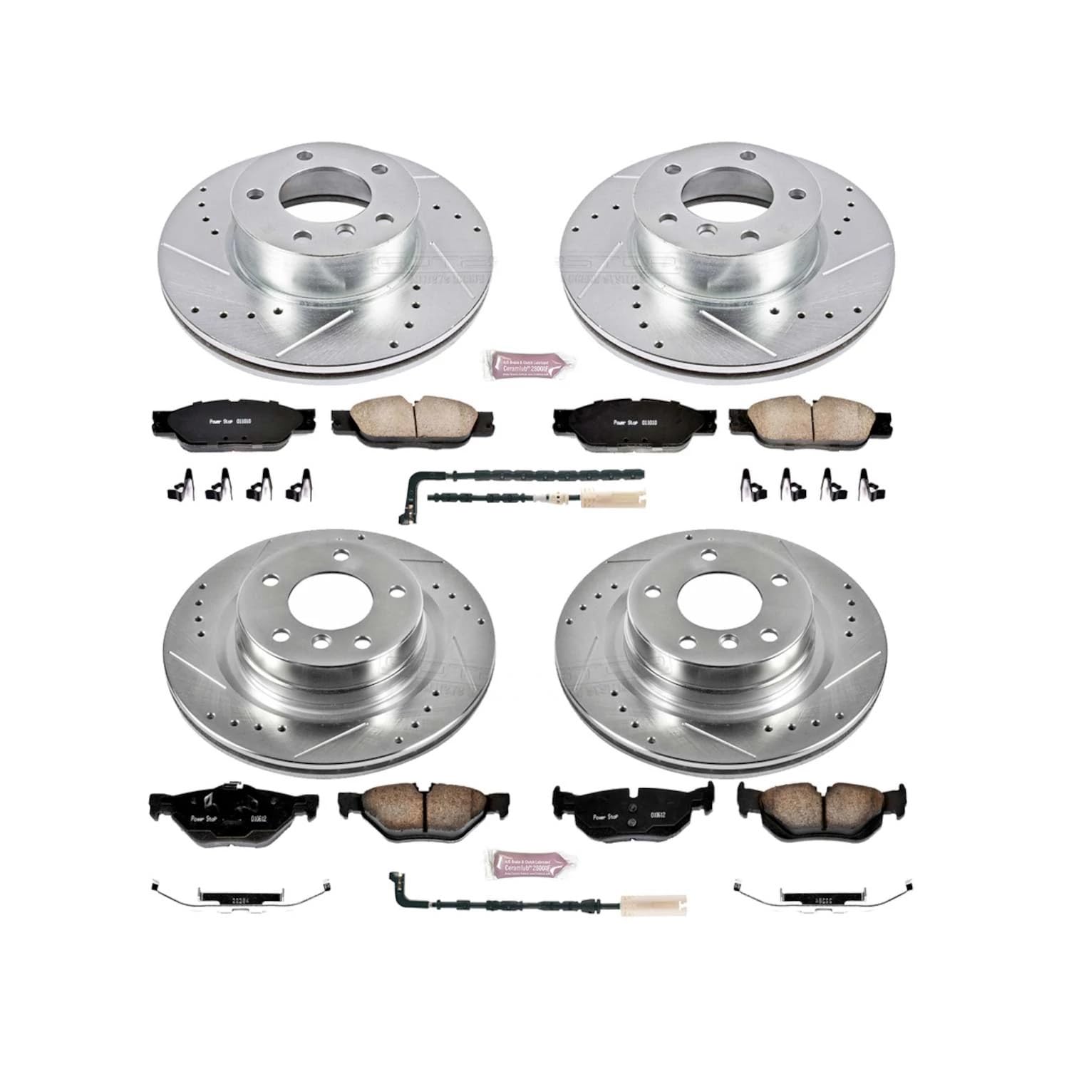 Power Stop K2890 Z23 Carbon Fiber Brake Pads Front and Rear with Drilled & Slotted Brake Rotors Kit and 1 Front & 1 Rear Sensor Wires For BMW 325i 2006 [Model Specific]
