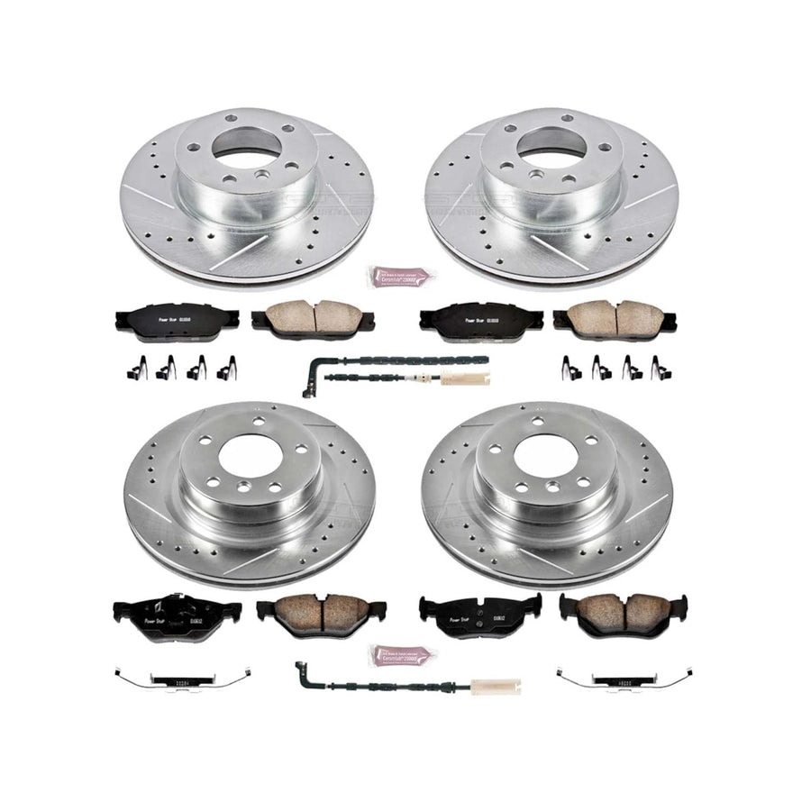 Power Stop K2890 Z23 Carbon Fiber Brake Pads Front and Rear with Drilled & Slotted Brake Rotors Kit and 1 Front & 1 Rear Sensor Wires For BMW 325i 2006 [Model Specific]
