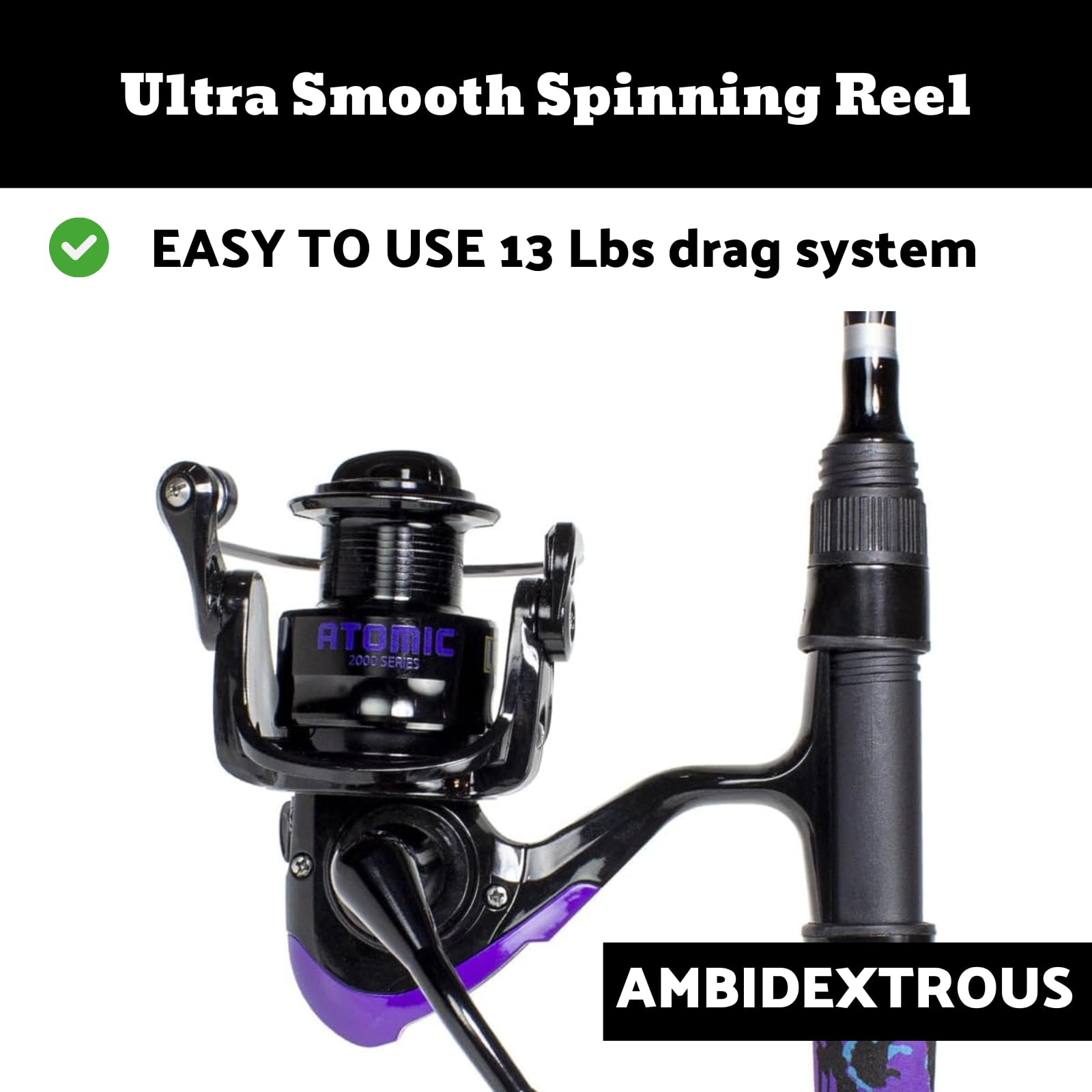 Lunkerhunt Atomic Fishing Rod and Reel Combo 6 Feet 8 Inches| Spinning Reel Right and Left | Lightweight Fishing Rod Combo Hunter Atomic | Premium Medium Power Fishing Pole with EVA Camouflage Grip
