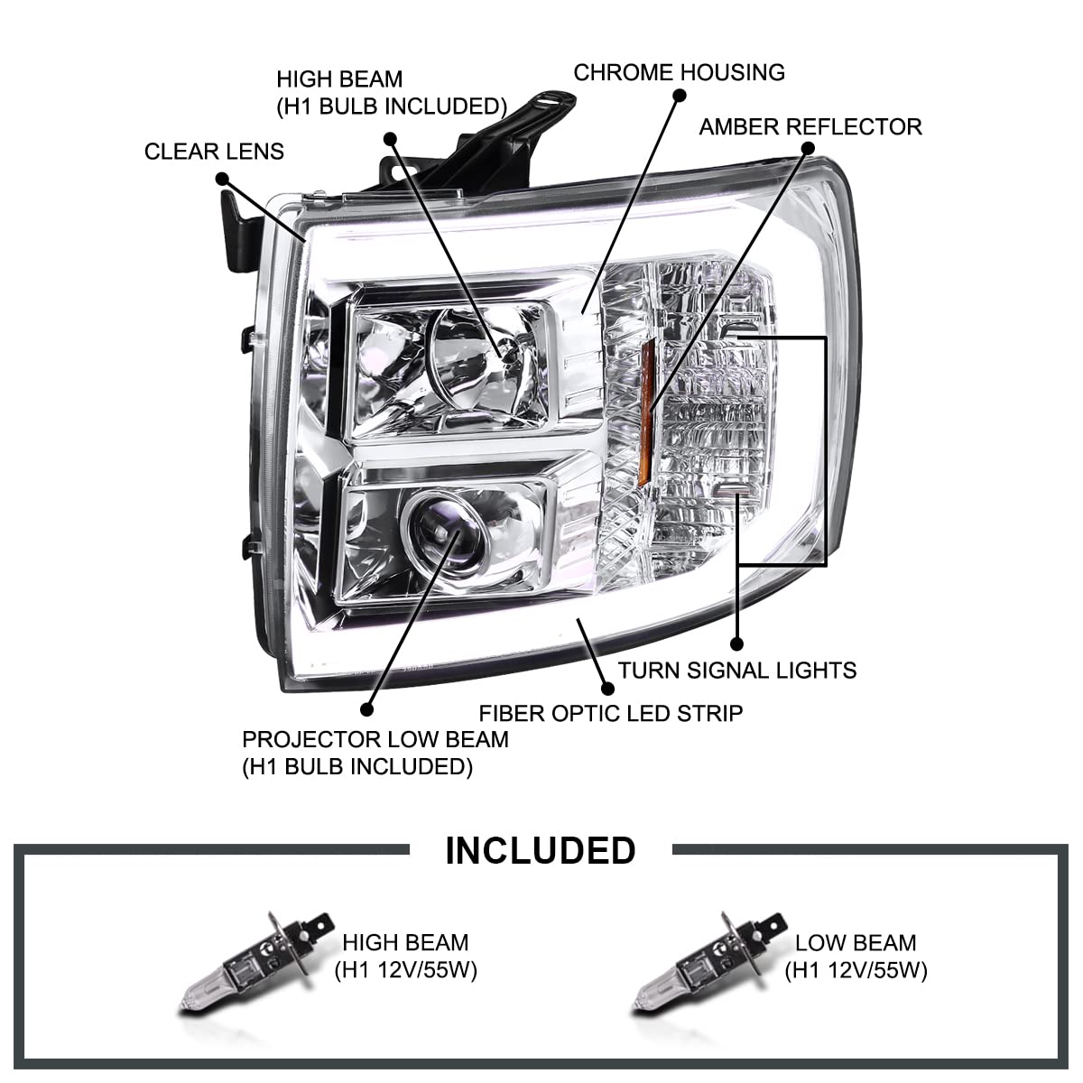 Chrome LED Light Tube Projector Headlights SPEC-D TUNING Compatible with 2007-2013 Chevy Silverado 1500 2500HD 3500HD, Left + Right Pair Headlamps Assembly