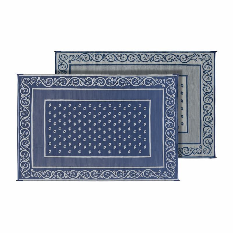 Patio Mat Faulkner 48701S, Vineyard Design, 12 Foot Length x 9 Foot Width, Blue; Polypropylene, Reversible Fabric, Without Grommets, with Storage Bag/Corner Tie-Downs
