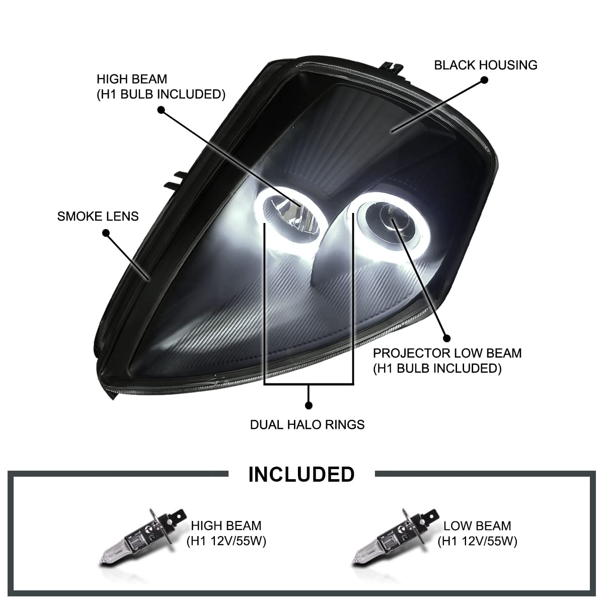 Black Smoke SPEC-D TUNING Halo Projector Headlights Compatible with 2000-2005 Mitsubishi Eclipse, Left + Right Pair Headlamps Assembly