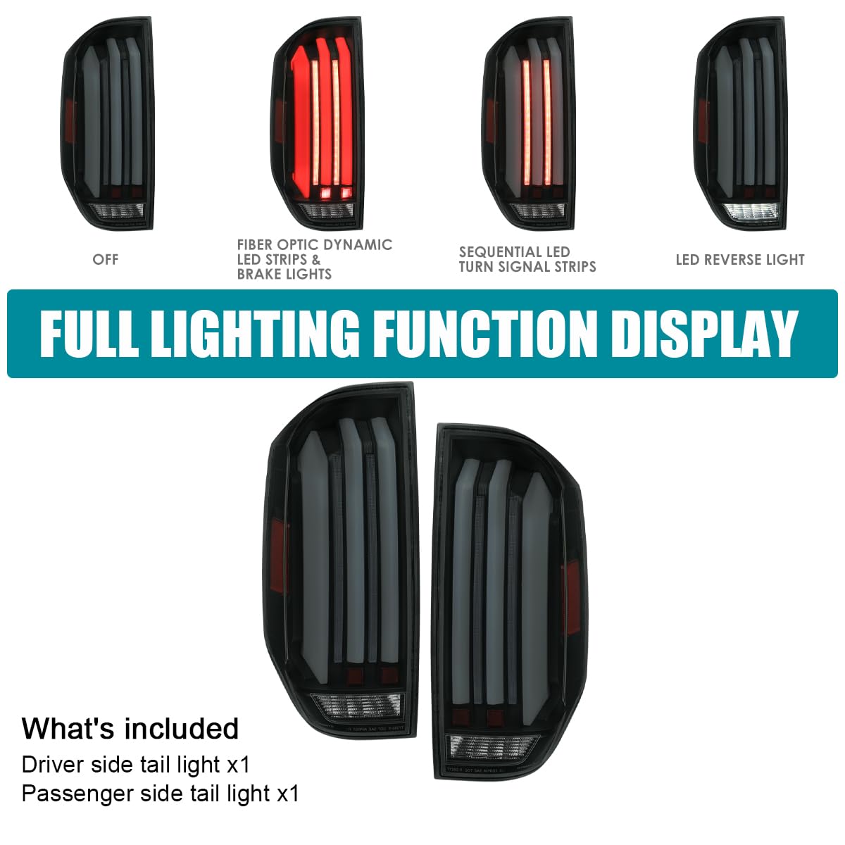 Matte Black Smoke SPEC-D TUNING Full LED Strip Tail Lights w/White Sequential LED Light Bars and Startup Animation Compatible with 2014-2021 Toyota Tundra, Left + Right Pair Assembly