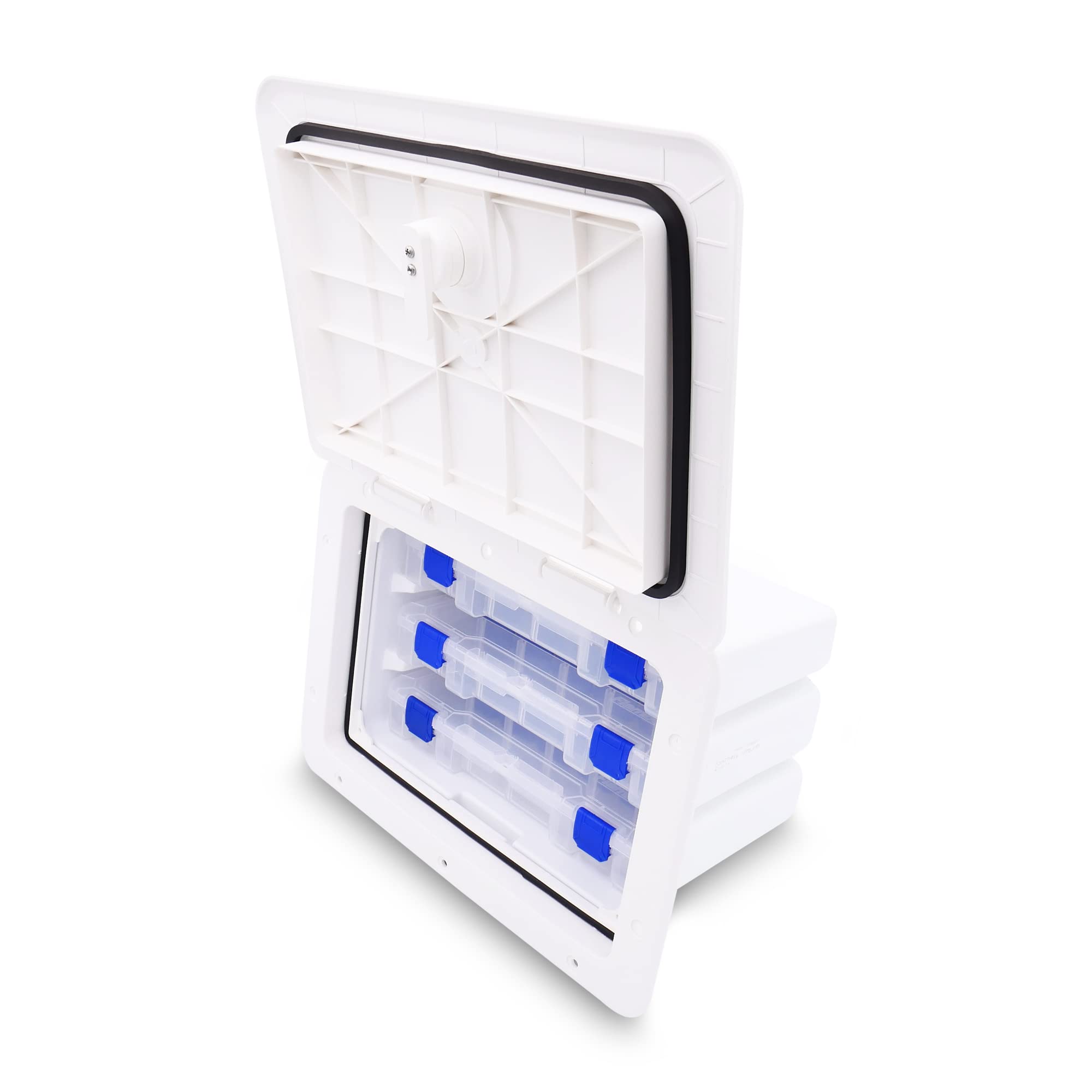 Sure-Seal T-H Marine Tackle Box Boat Access Hatch - Deck Compartment Includes 3 Plano Lure Trays - Dual Seals Offer Watertight Fit - 11" x 15", Polar White