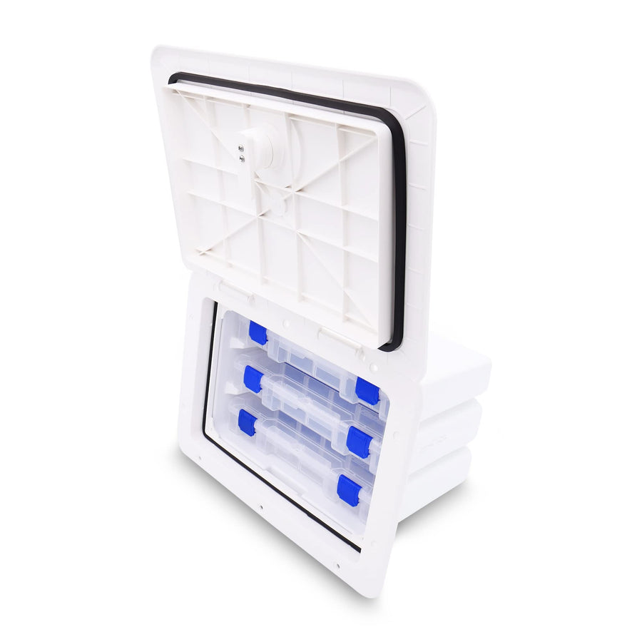 Sure-Seal T-H Marine Tackle Box Boat Access Hatch - Deck Compartment Includes 3 Plano Lure Trays - Dual Seals Offer Watertight Fit - 11" x 15", Polar White