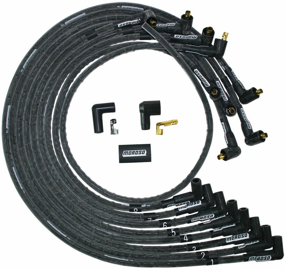 Moroso Mag Tune 9765M Sleeved Spark Plug Wire Set, Fits Small Block Chevy, 90 Degree Plug Ends, Non HEI Distributor, Under Header Routing