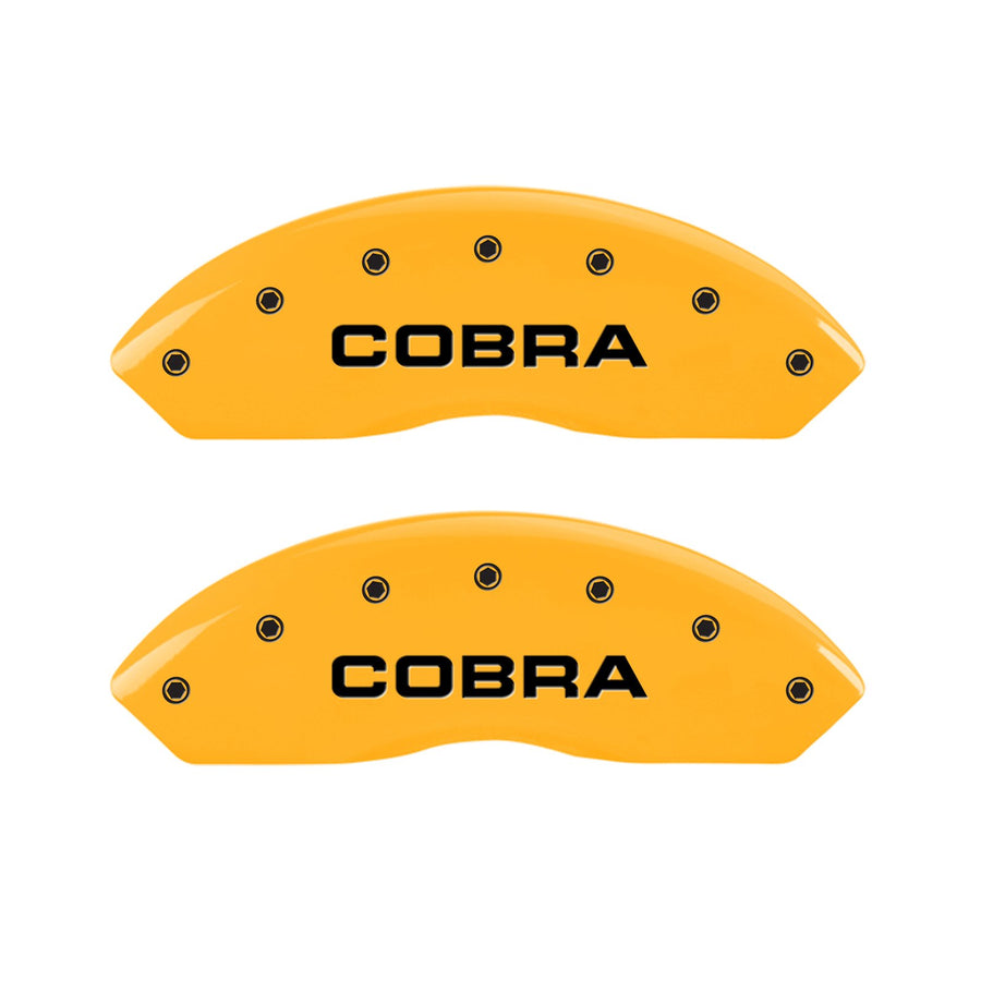 Caliper Covers MGP 10197SCOBYL (Yellow Powder Coat Finish, Engraved Front and Rear: Cobra, Black Characters, Set of 4)
