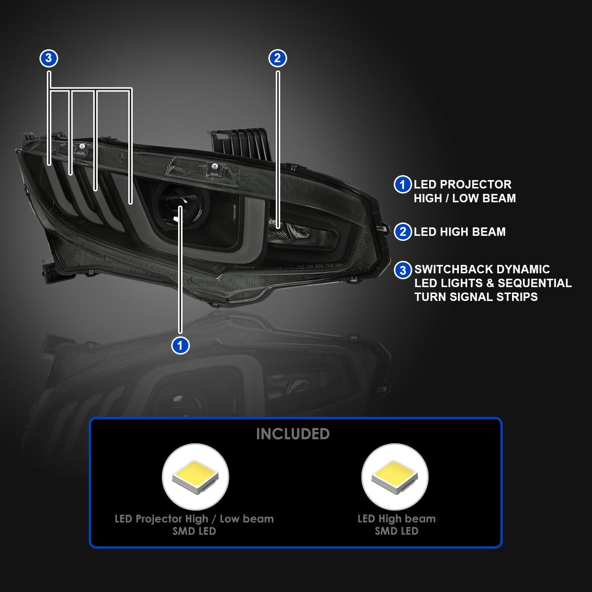 Black Smoke SPEC-D TUNING Full LED Projector Headlights w/Switchback Sequential Signals Compatible with 2016-2021 Honda Civic Models with Factory LED Headlights