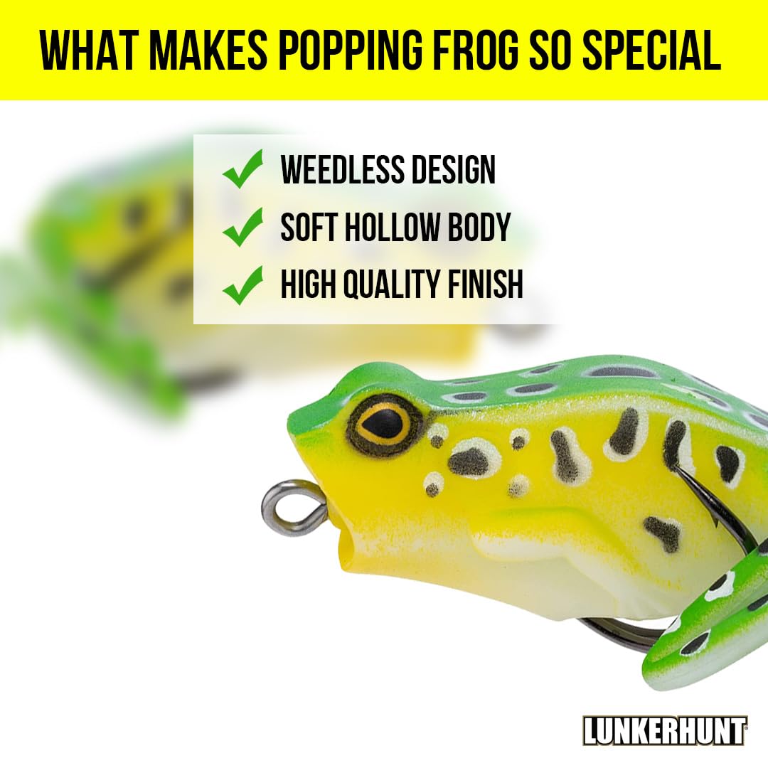 Frog Fishing Lure Lunkerhunt for Bass Fishing | Popping Frog 0.5 oz | Topwater Fishing Bait with Weedless Hooks, Hollow Body (Leopard)