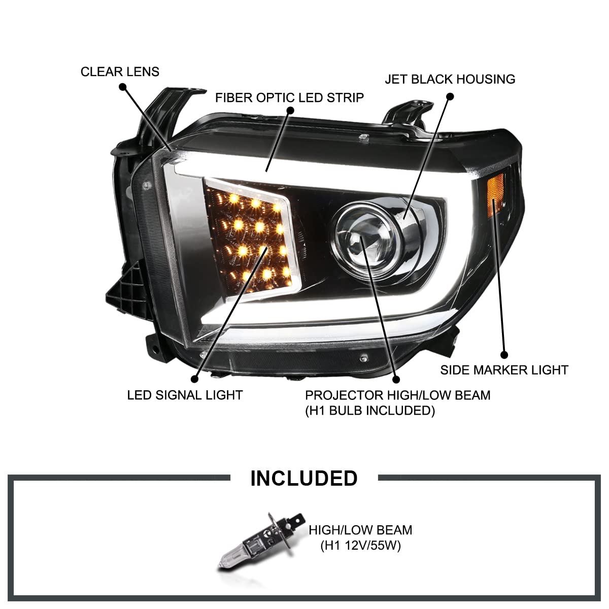 Jet Black SPEC-D TUNING Projector Headlights w/LED Light Bar Compatible with 2014-2021 Toyota Tundra, Left + Right Pair Headlamps Assembly