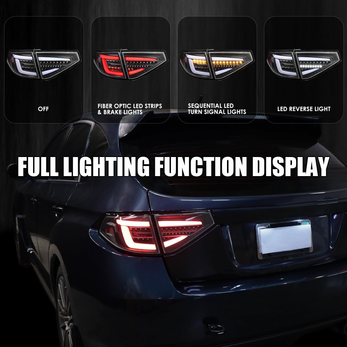 Black Sequential Tail Lights w/White LED Bar SPEC-D TUNING Compatible with 2008-2014 Subaru Impreza WRX Hatchback, Left + Right Pair Assembly