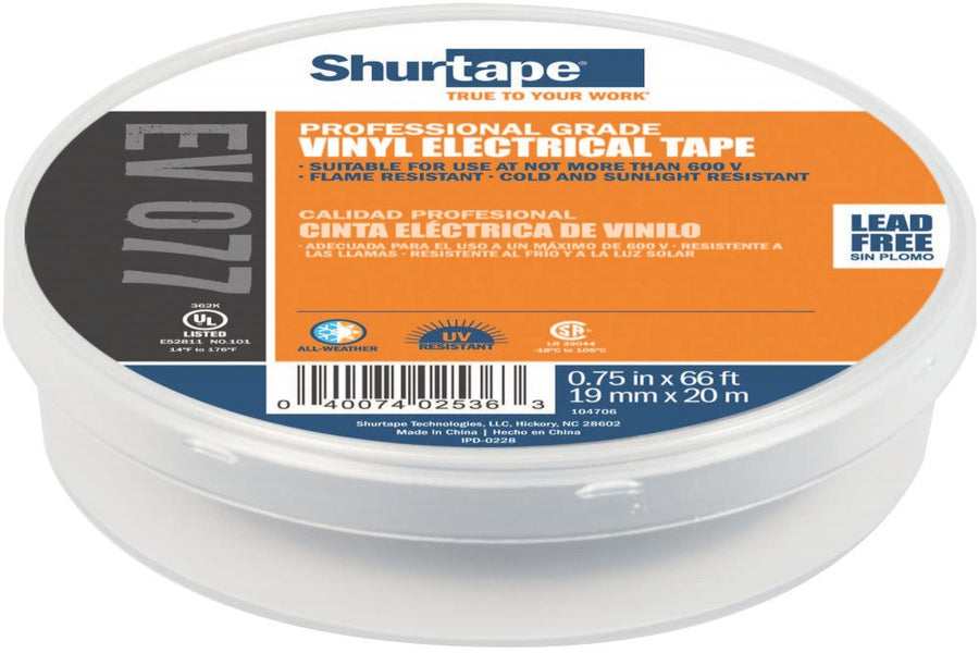 Shurtape EV 77 All-Weather Professional Grade, Vinyl Electrical Tape, UL Listed/CSA Approved, 7.0 Mil, Black, 3/4 Inch x 66 Feet, 1 Roll (104706)
