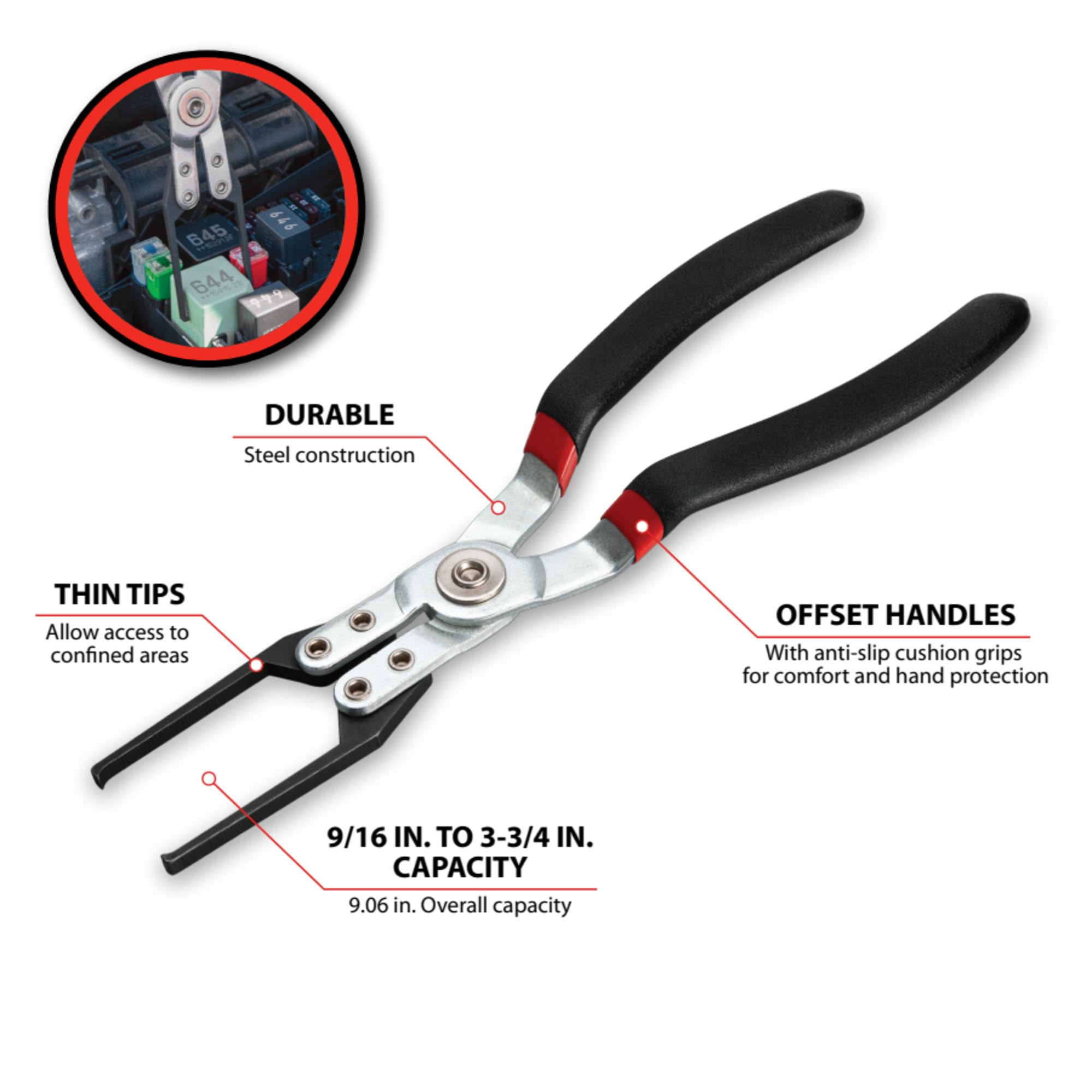 W80518 Performance Tool Relay Removal Pliers, Offset Handles, Thin Tips, Cushion Handles, Black