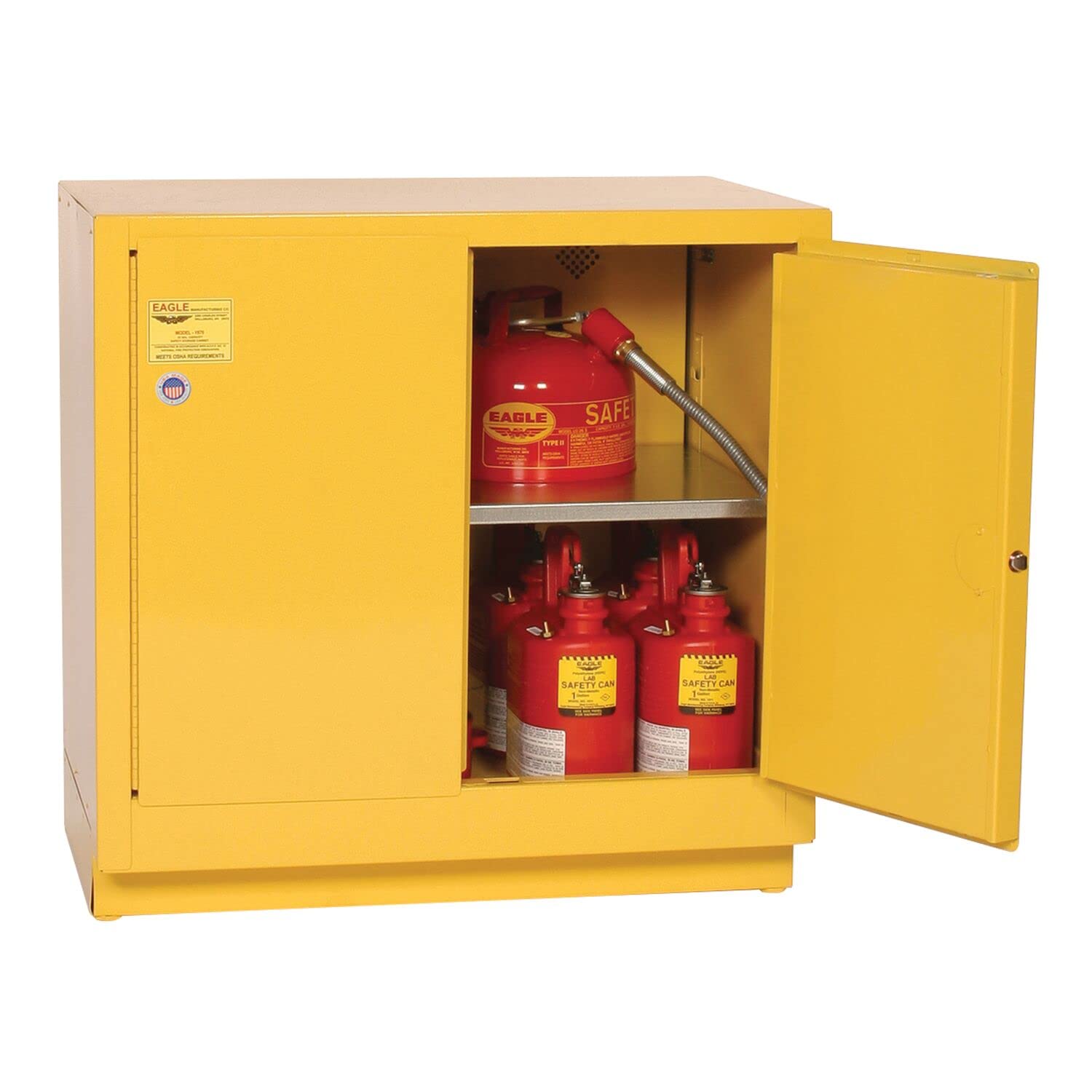 22 Gallon Eagle Steel Flammable Liquid Storage Cabinet, Under Counter, 1 Shelf, 2 Self-Closing Doors, Made in the USA, Yellow, 1970X