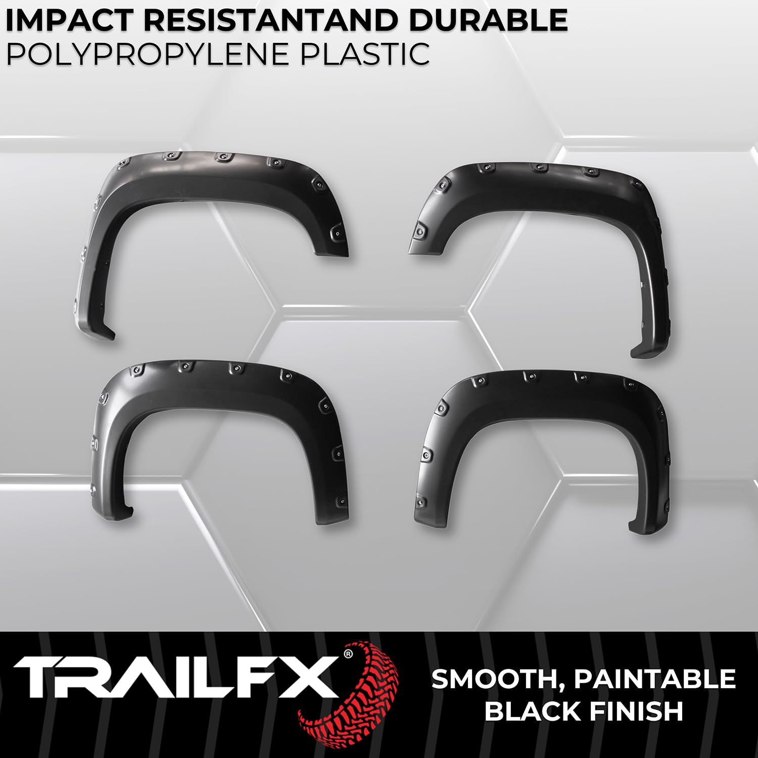 Fender Flares TrailFX Fits GMC Sierra 1500 2007-2013 Pocket Style Black Smooth Paintable Plastic Set of 4 Fender Flares with Stainless and Black Steel Rivets TrailFX TFG3001S