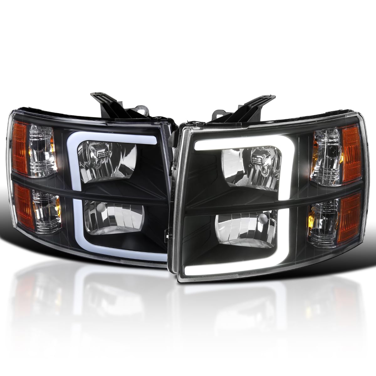 Black Headlights w/LED Light Bar SPEC-D TUNING Compatible with 2007-2013 Chevy Silverado 1500, 2007-2014 Silverado 2500HD 3500HD, Left + Right Pair Headlamp Assembly
