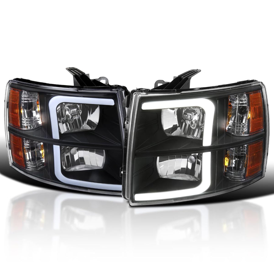 Black Headlights w/LED Light Bar SPEC-D TUNING Compatible with 2007-2013 Chevy Silverado 1500, 2007-2014 Silverado 2500HD 3500HD, Left + Right Pair Headlamp Assembly