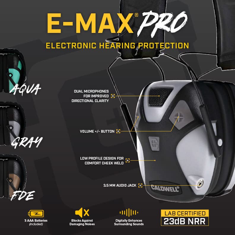 Caldwell E-MAX Pro Electronic Hearing Protection Adjustable Lo Pro Earmuffs for Shooting, Hunting and Range 23-24 NRR, Brown