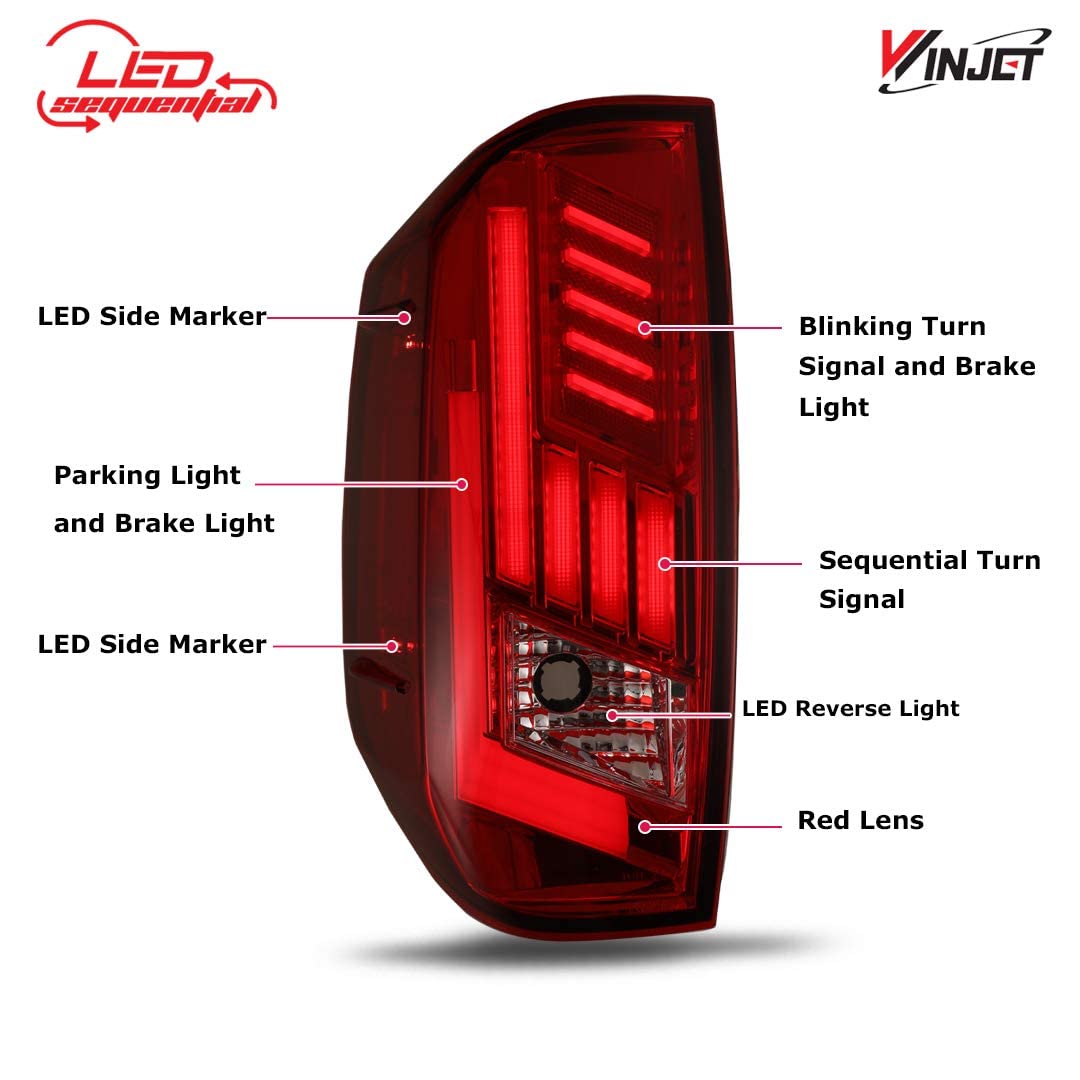Tail Lights Assembly Winjet For 2014-2021 Toyota Tundra with Led Sequential Turn Signals DRL Brake Lights Rear Lamps Pair Replacement for Tundra Pickup Passenger and Driver Side (Red Lens)