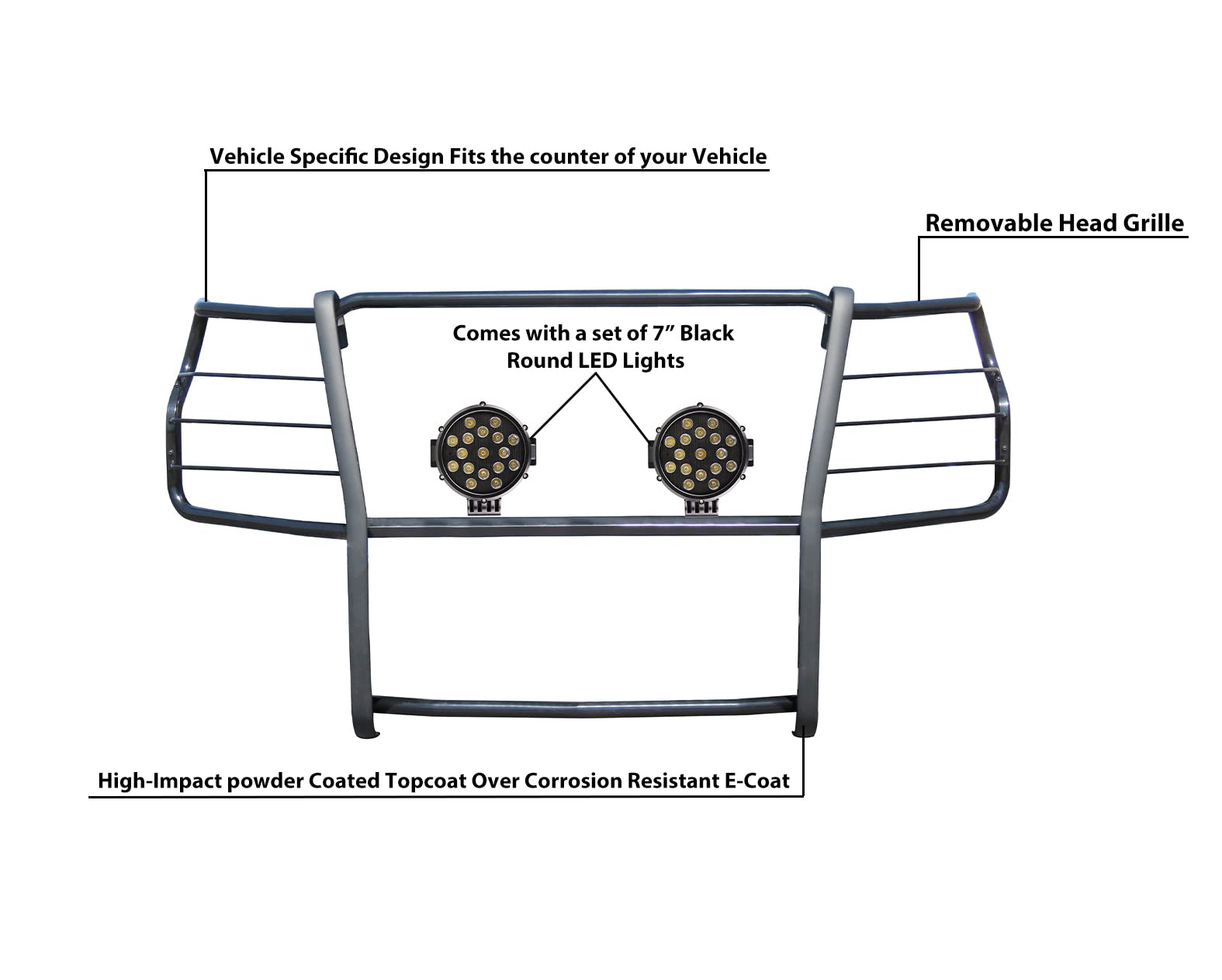 Grille Brush Black Horse Bumper Guard Modular Black Come with Pair of 7.0" Dia.LED Lights with Black Trim Rings Compatible with 2020-2024 Silverado 3500 HD|2020-2024 Silverado 2500 HD-17GT30MA-PLB