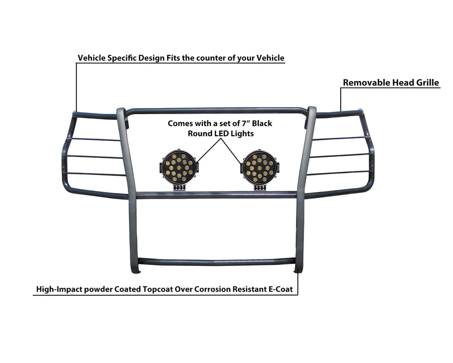 Grille Brush Black Horse Bumper Guard Modular Black Come with Pair of 7.0" Dia.LED Lights with Black Trim Rings Compatible with 2020-2024 Silverado 3500 HD|2020-2024 Silverado 2500 HD-17GT30MA-PLB